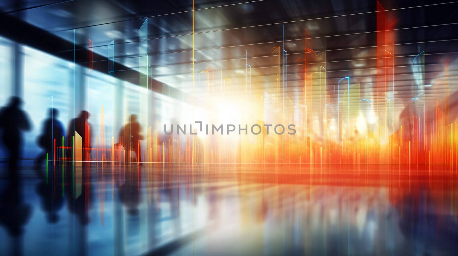 Passengers await their flights in a bustling airport terminal, illuminated by the warm glow of the setting sun through large windows. Abstract background - Generative AI.