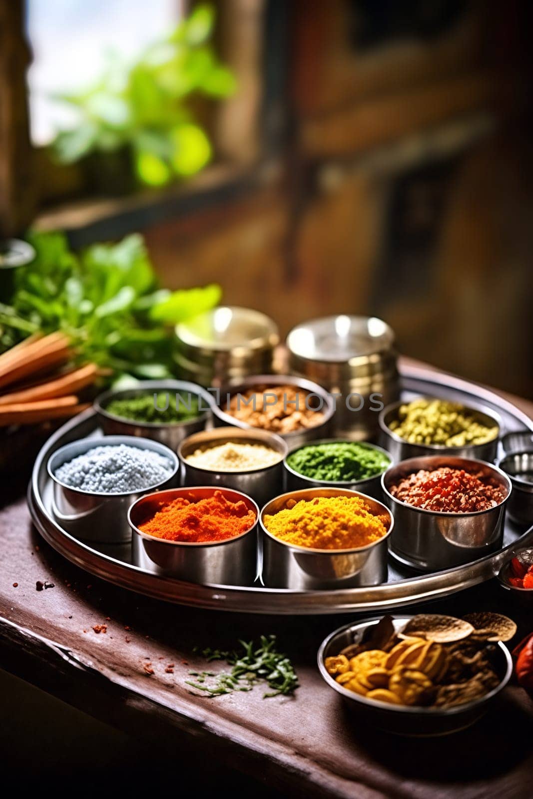 A well-organized tray displays vibrant spices in small containers atop a wooden table, surrounded by fresh herbs and seasonal ingredients. Generative AI.
