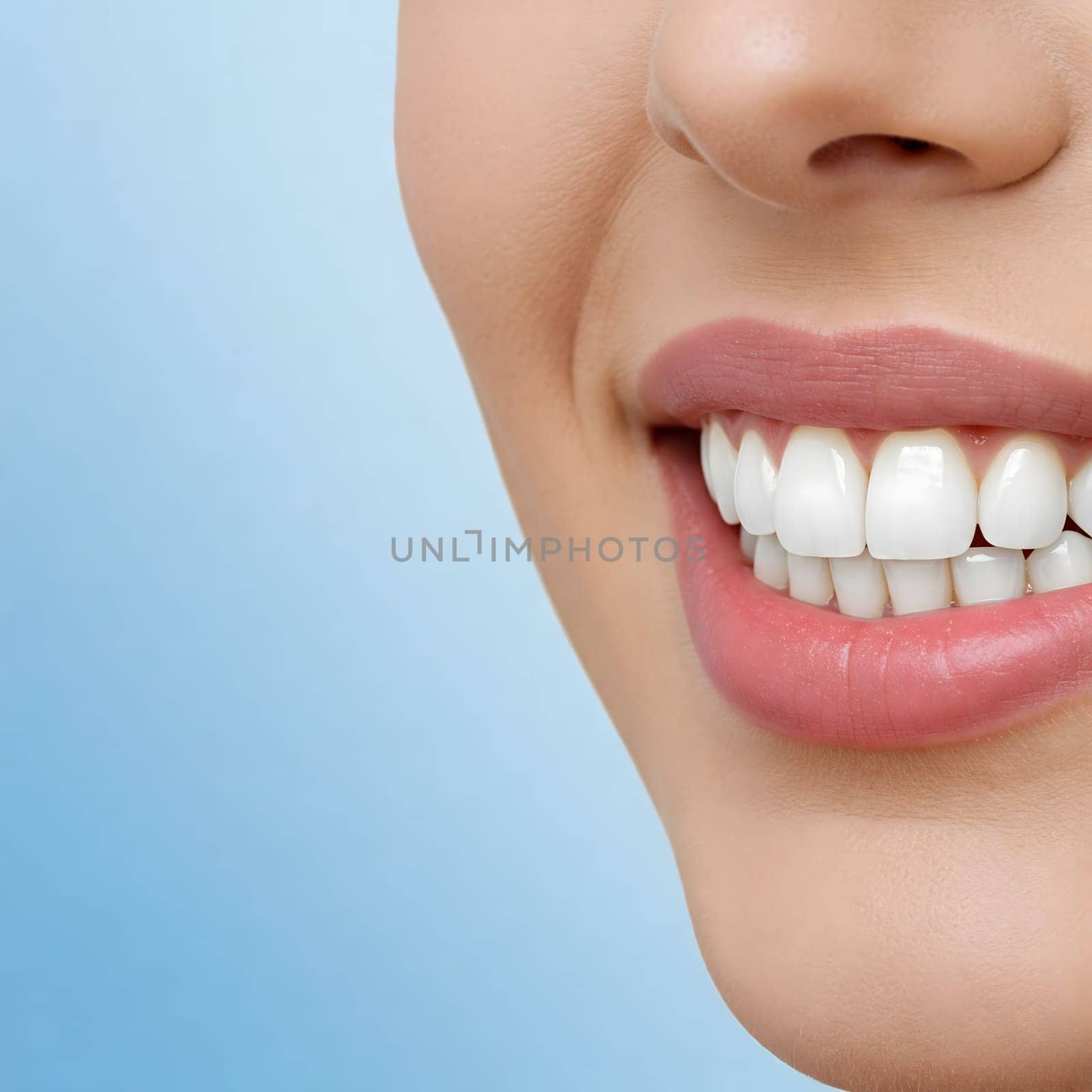 Perfect smile with white teeth in beauty dental care scene close up macro detail mouth display. Generative AI.