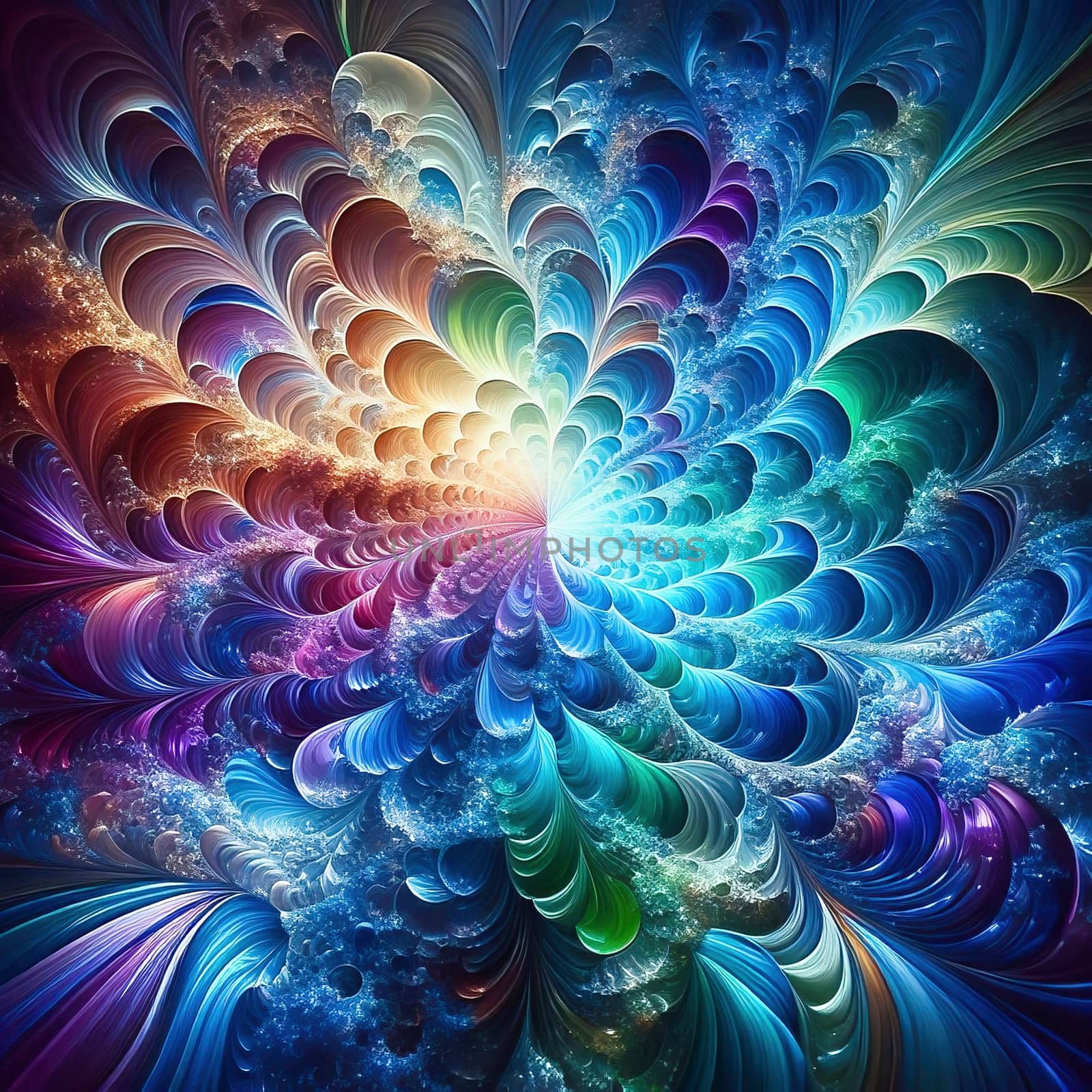 Abstract, colorful fractal art with flowing, wave-like patterns. Bright glass textures in blue, green and orange for modern designs and backgrounds.