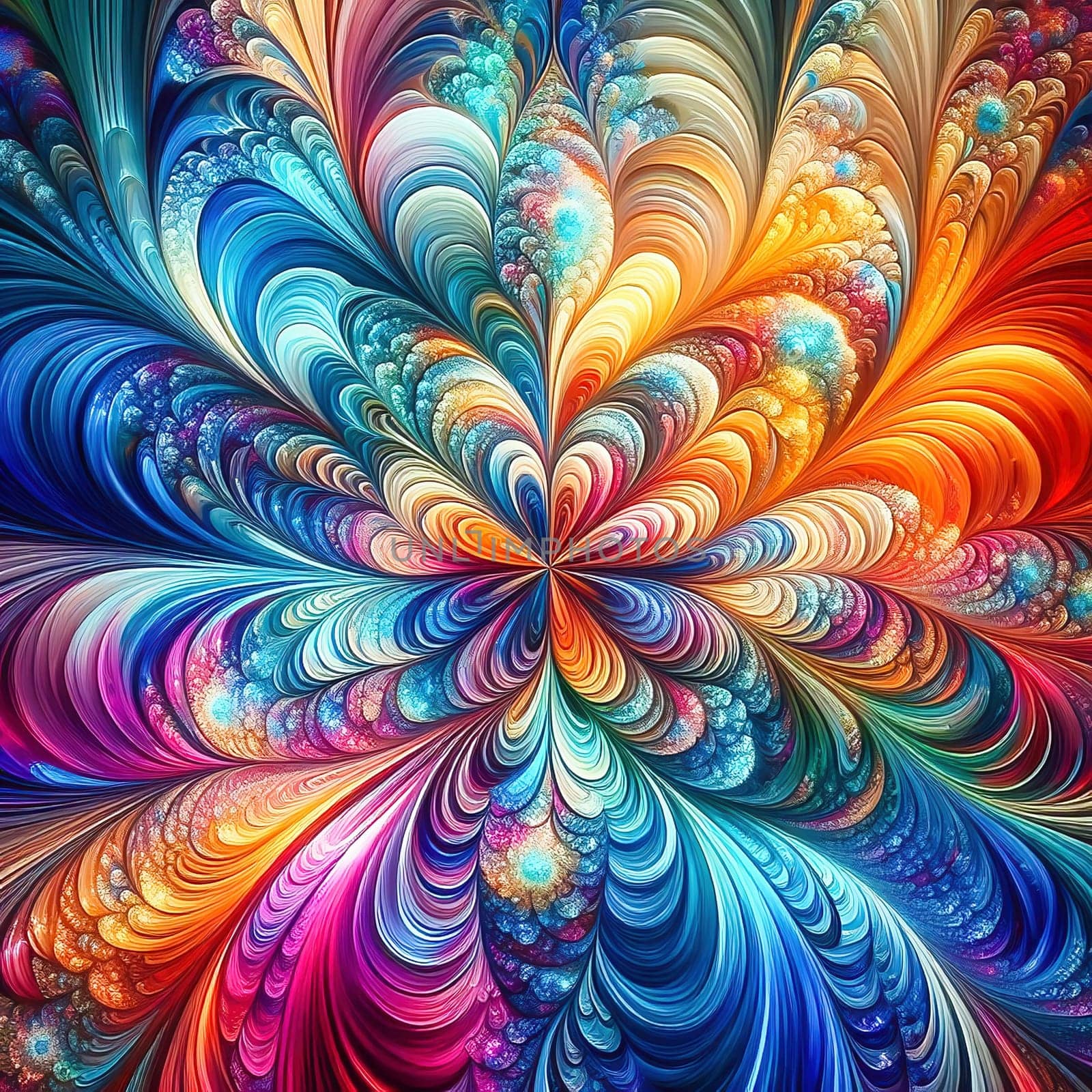 Abstract, colorful fractal art with flowing, wave-like patterns. Bright glass textures in blue, green and orange for modern designs and backgrounds.