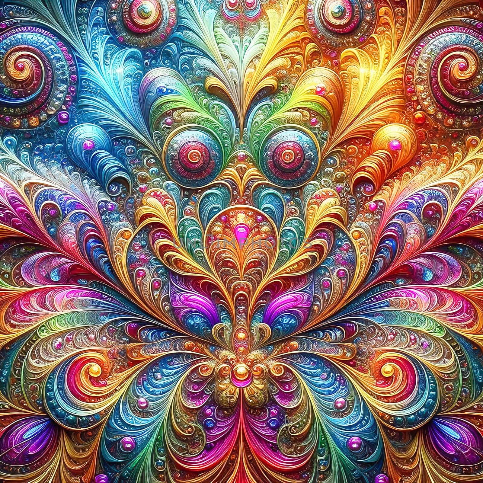 Abstract, colorful fractal art with flowing, wave-like patterns. Bright glass textures in blue, green and orange for modern designs and backgrounds.