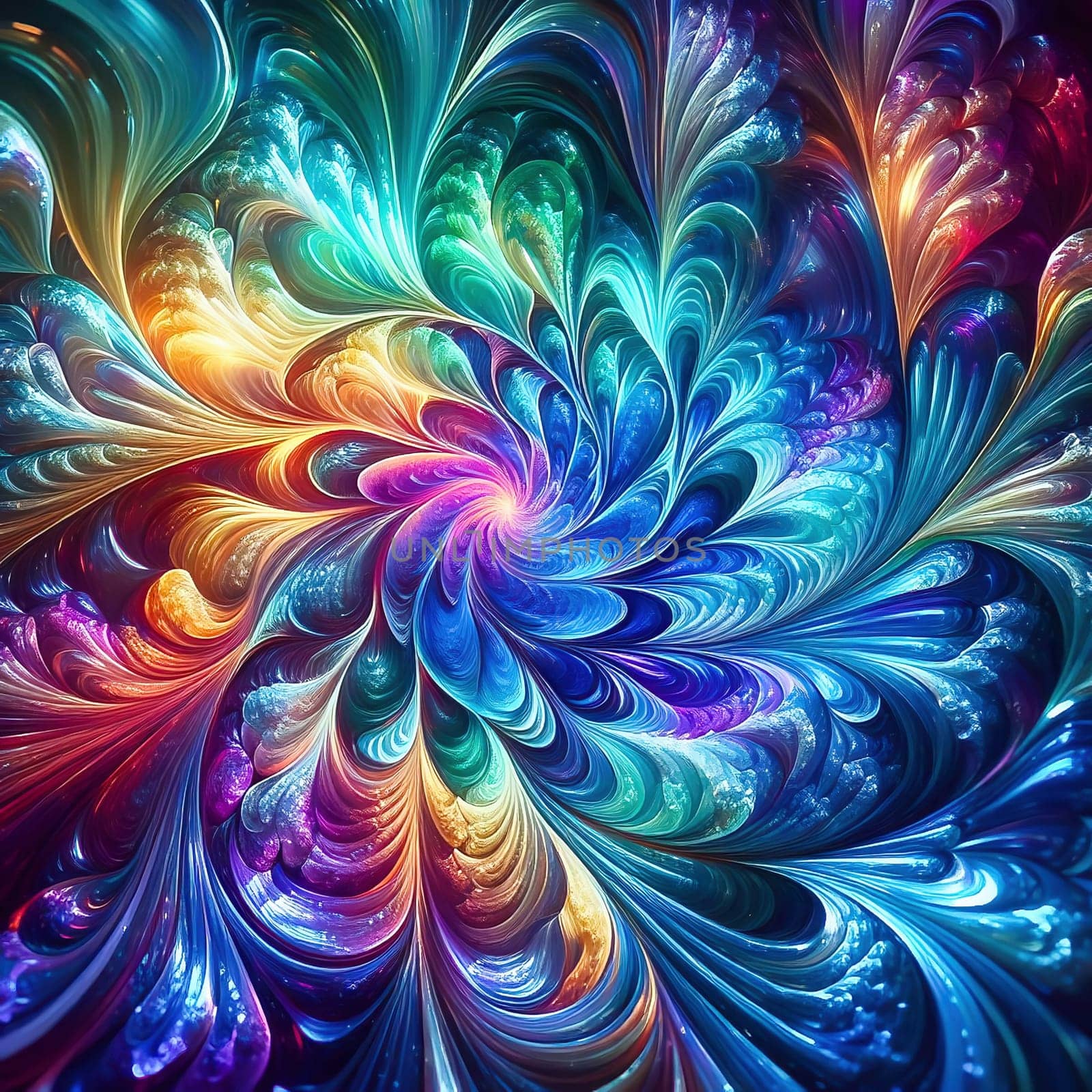 Abstract, colorful fractal art with flowing, wave-like patterns. Bright glass textures in blue, green and orange for modern designs and backgrounds.