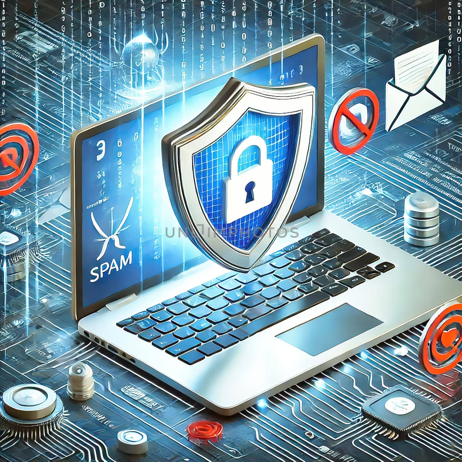 3D representation of a laptop with email security icon surrounded by digital icons. Concept for data protection, spam protection and cyber security.