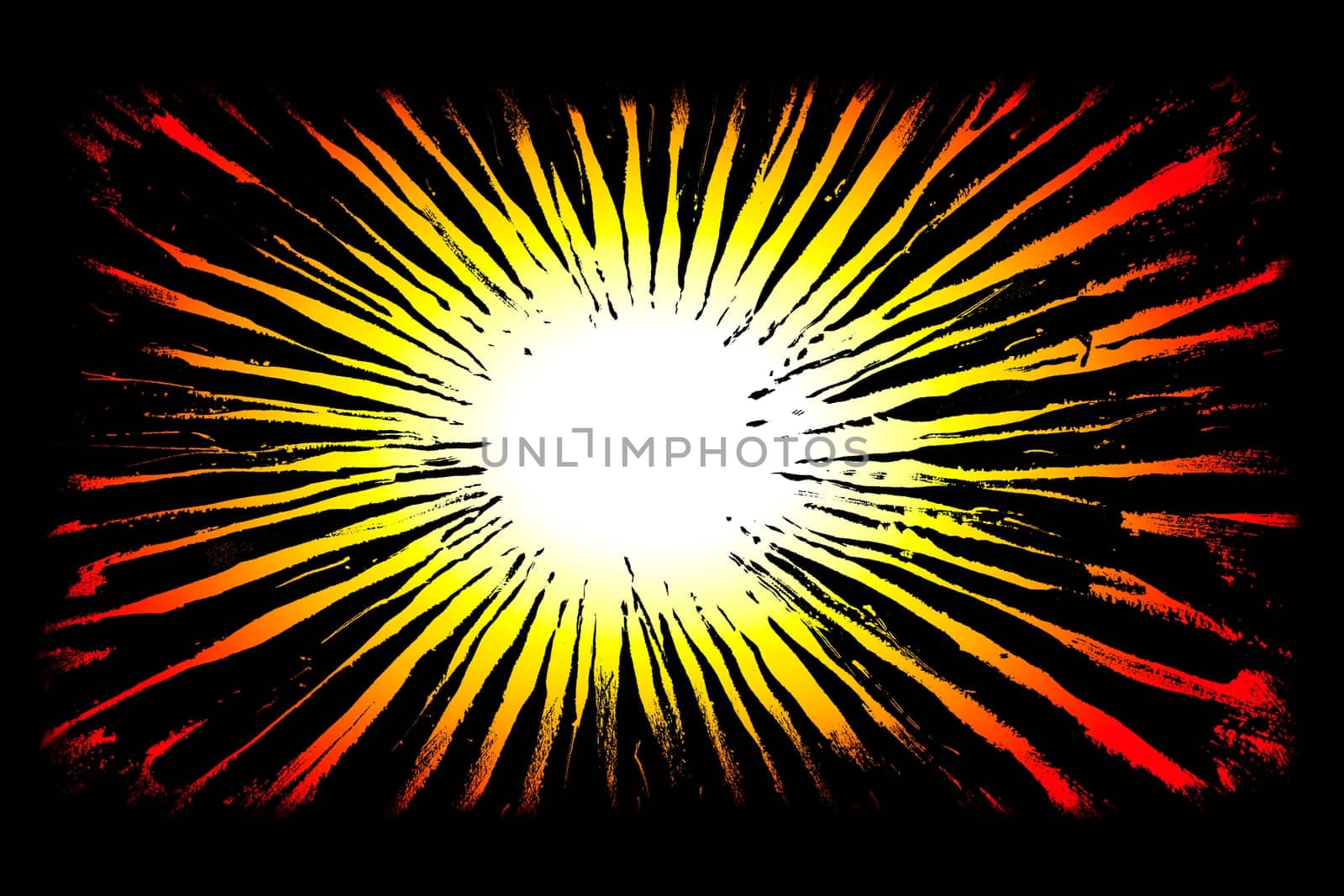 Hand painted background image with star-shaped expanding coarse brush strokes from white to yellow to red strokes on a black background.