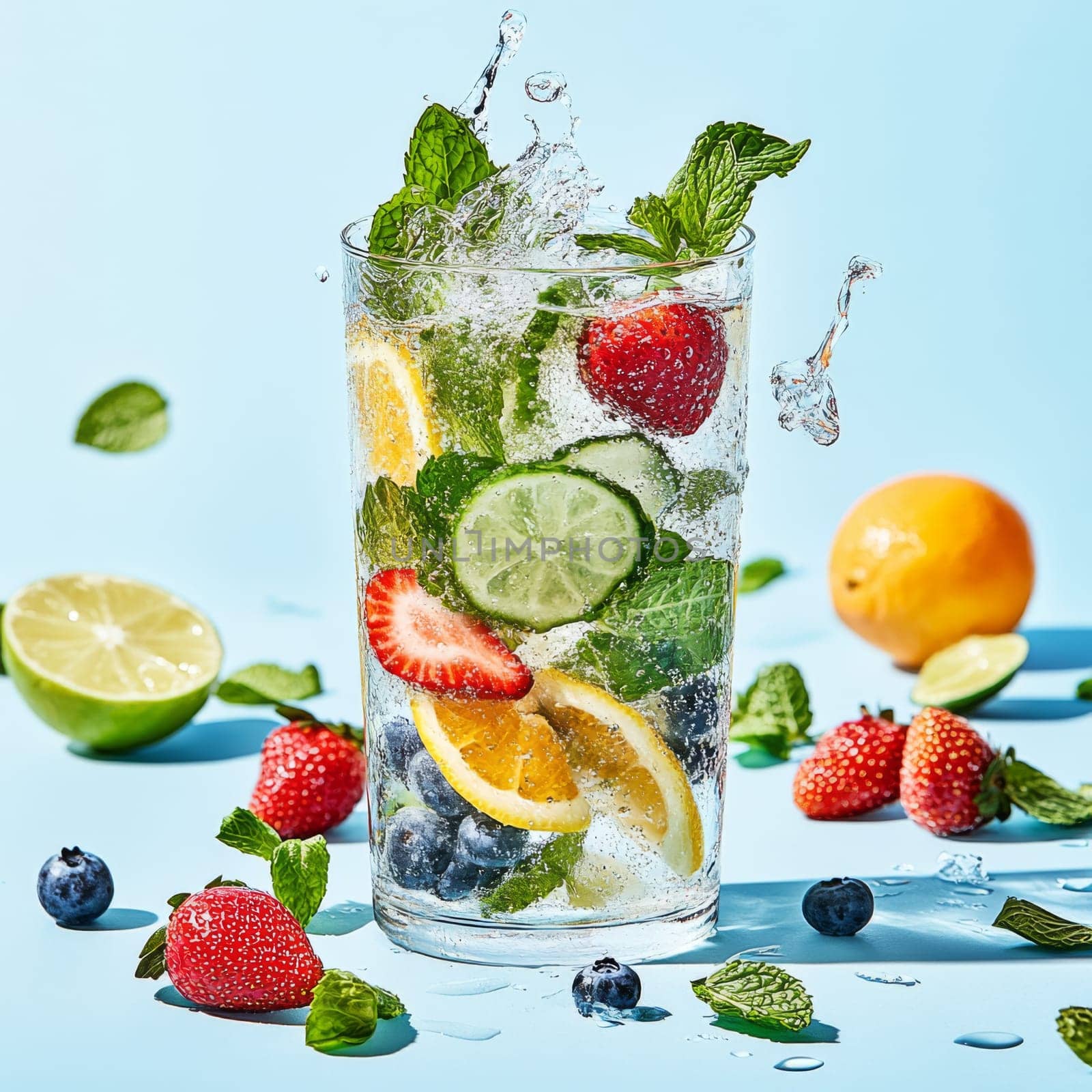 Fresh fruit and mint are mixed into healthy infused water with lime, creating a vibrant display. Sparkling water splashes around, enhancing the refreshing feel of this healthy drink recipe.