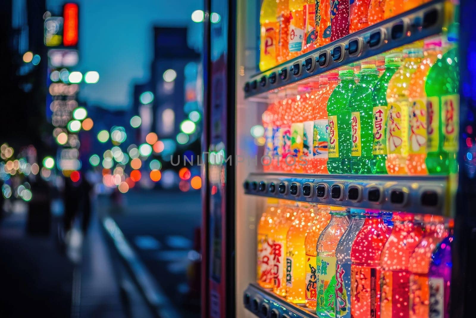 A vibrant vending machine displays a variety of colorful drinks, glowing against a bustling urban backdrop at night. City lights create a lively atmosphere as people walk by.