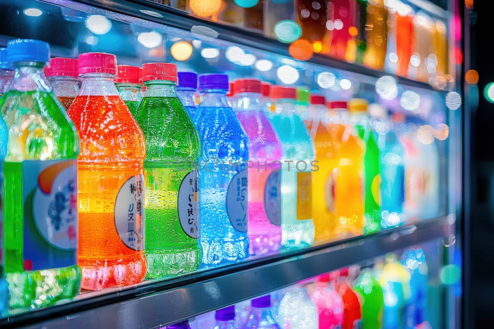 A vibrant assortment of bottled drinks is illuminated in a night market setting. Various colors reflect off the bottles, enticing visitors as they browse for refreshments.