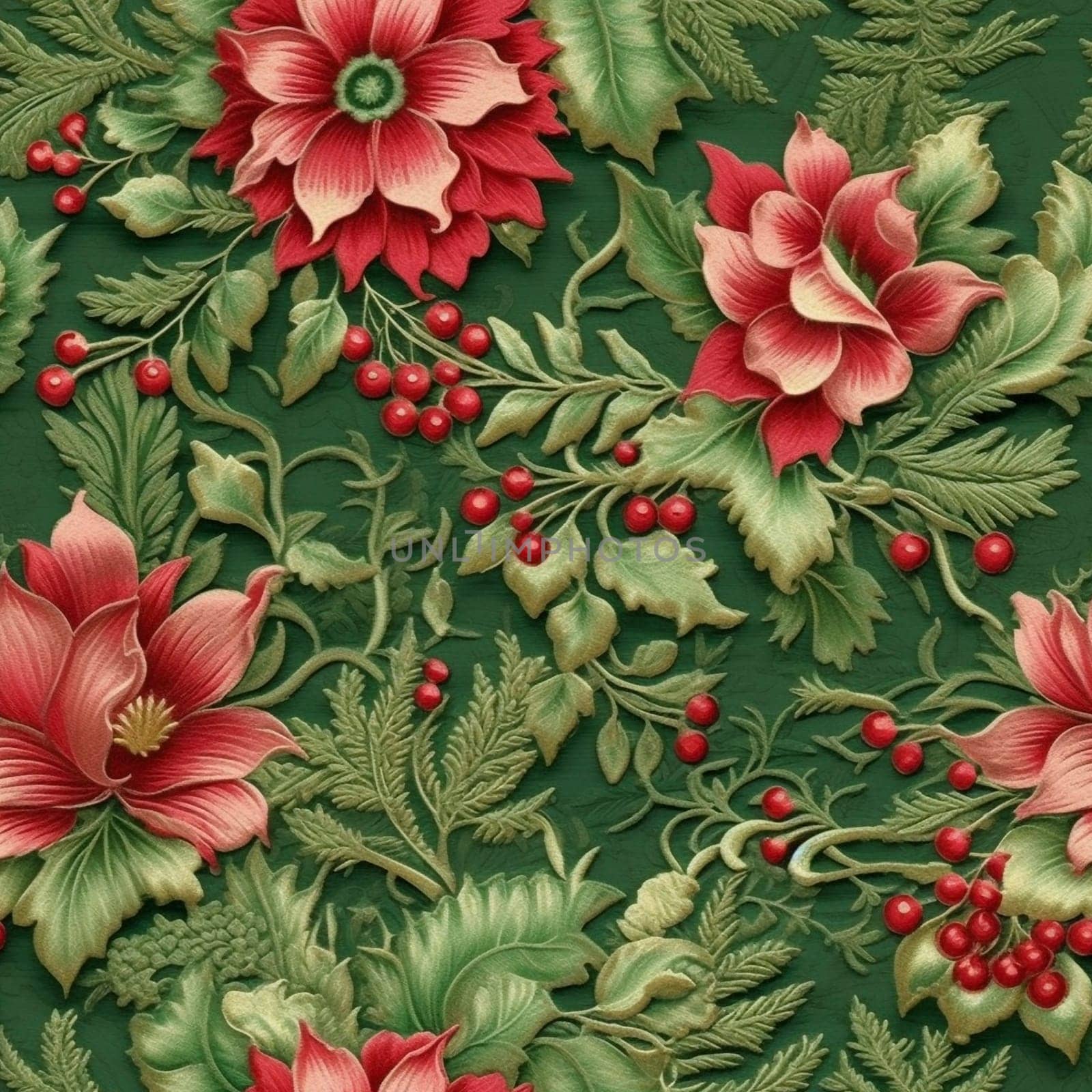 Embroided seamless pattern tile with red flowers, created with generative AI