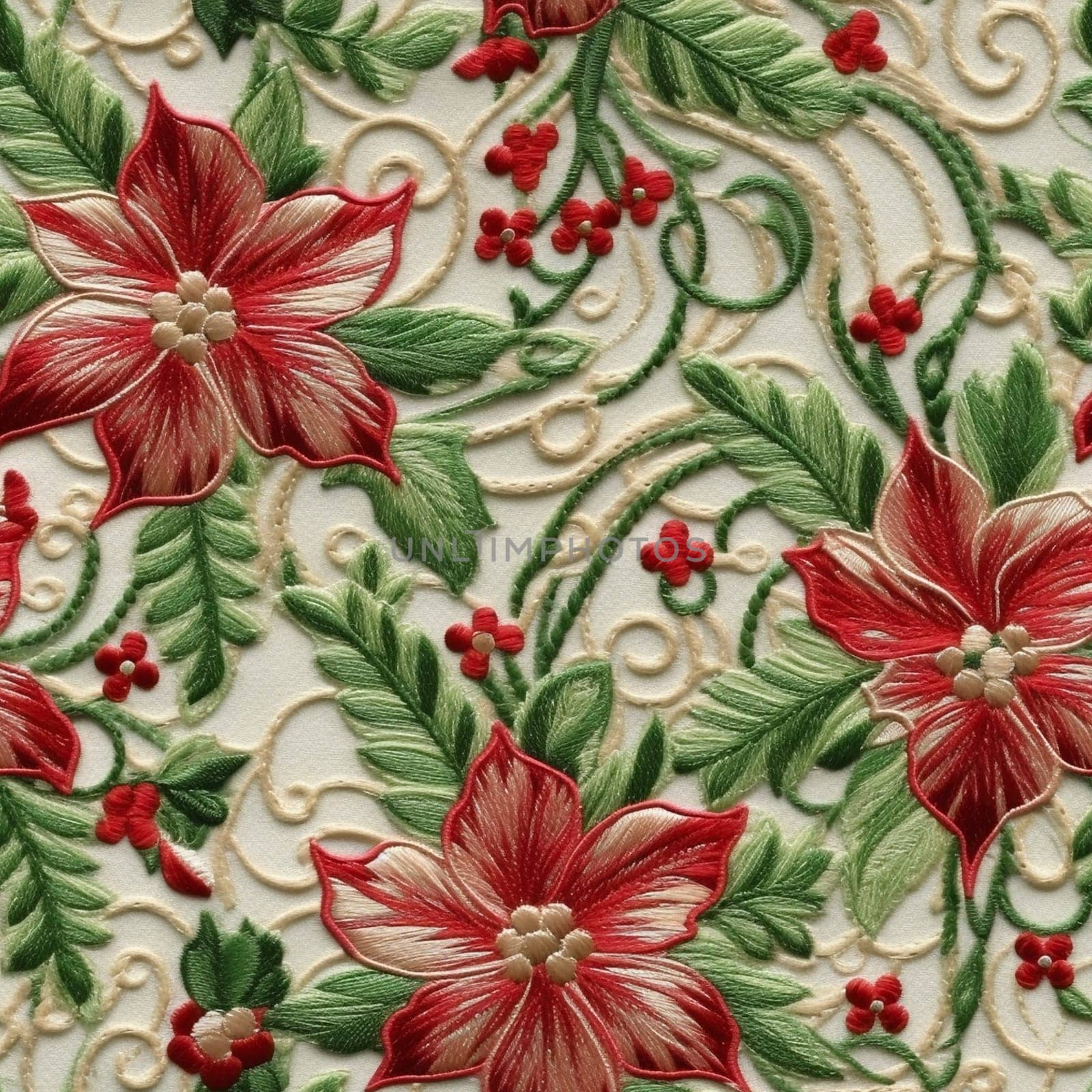 Embroided seamless pattern tile with red flowers, created with generative AI