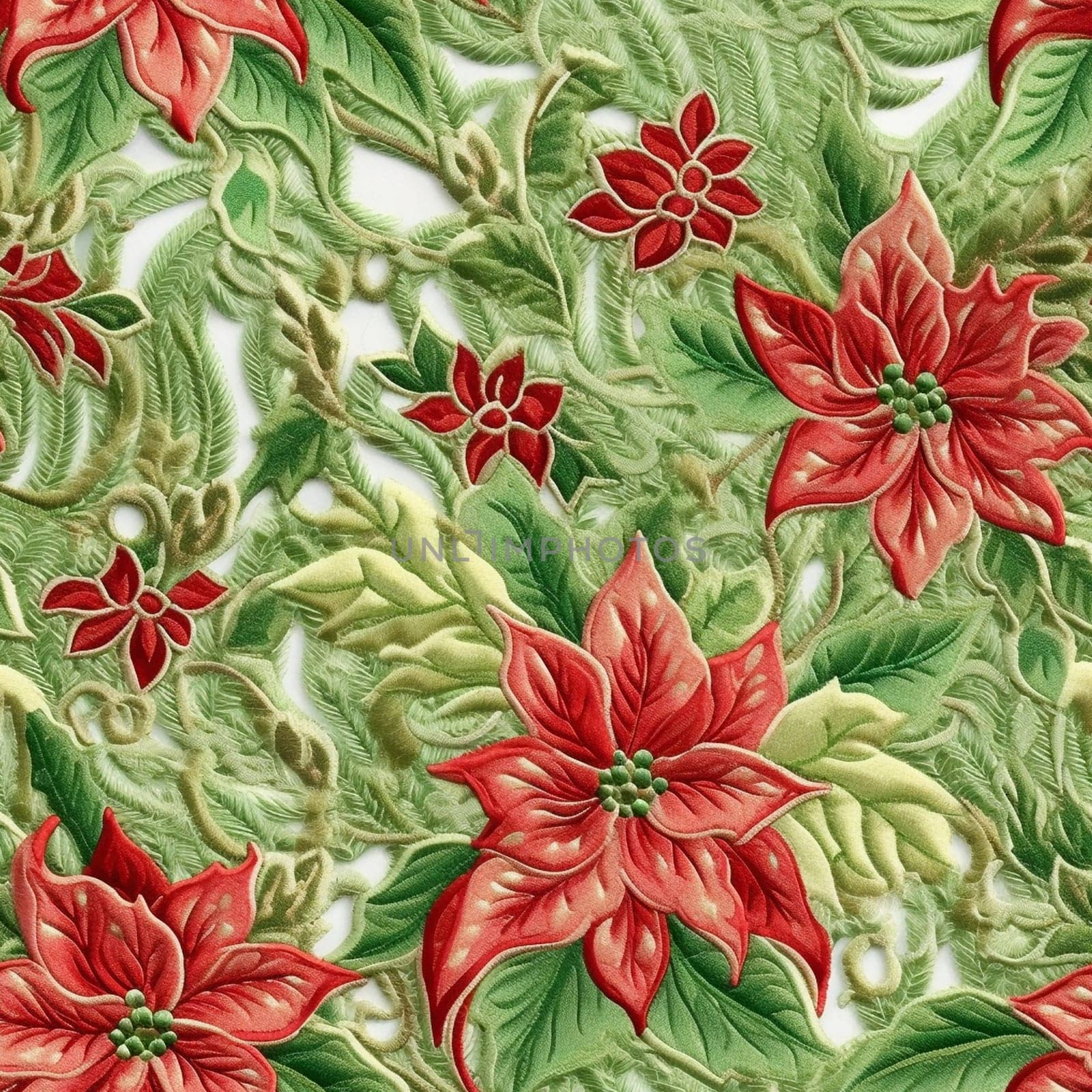 Embroided seamless pattern tile with red flowers, created with generative AI