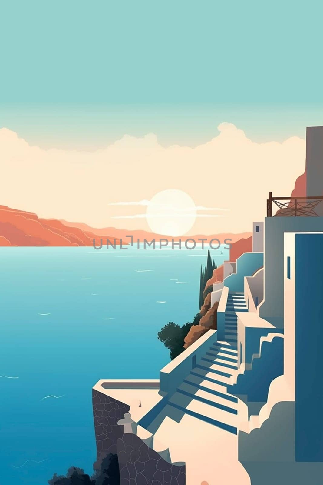 Mnimalist flat illustration poster of Santorini island in Greece, created with a generative AI