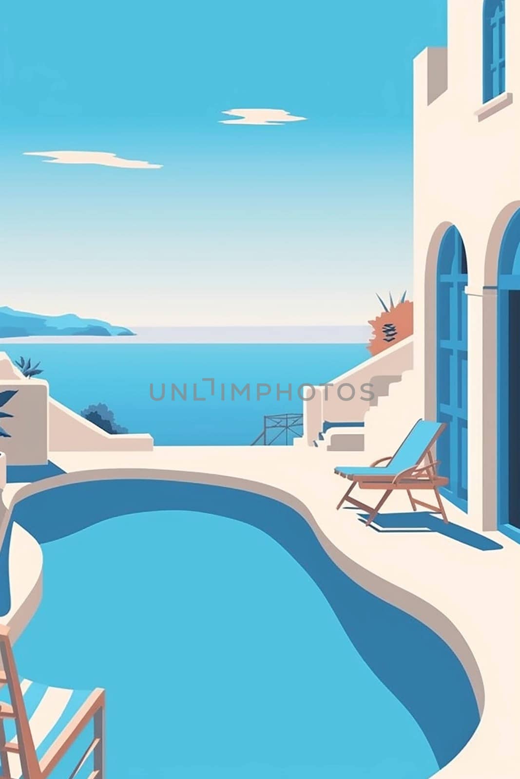 Mnimalist flat illustration poster of Santorini island in Greece, created with a generative AI