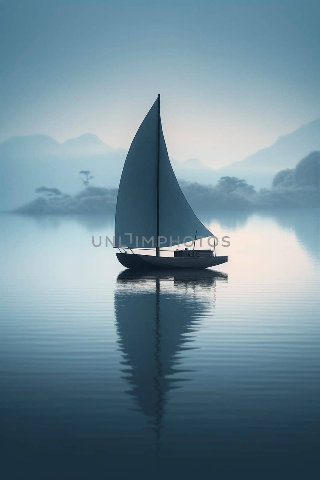 Sailbot floating on the calm water surface, created with generative AI