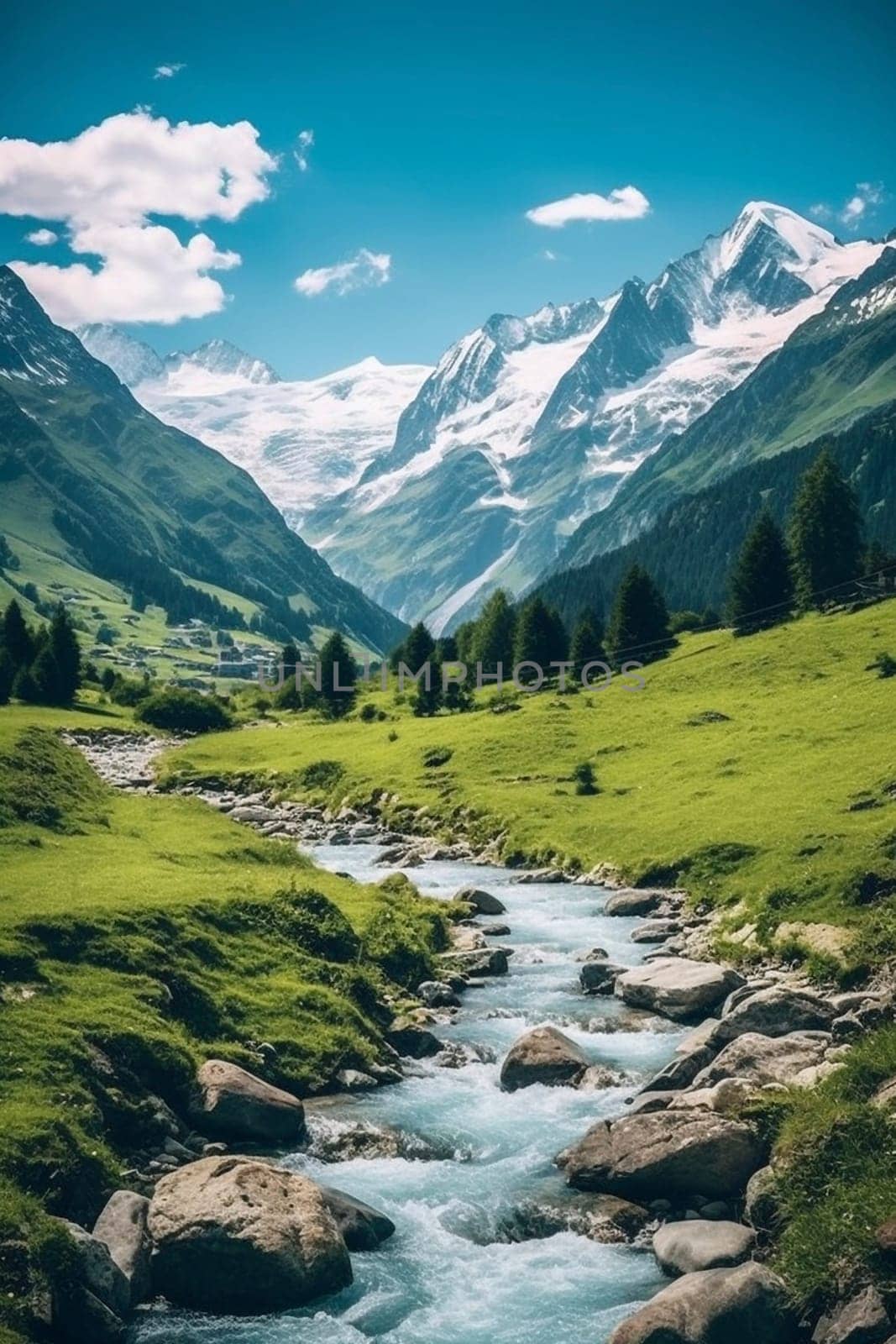 Small river high in the in the mountains, created with generative AI