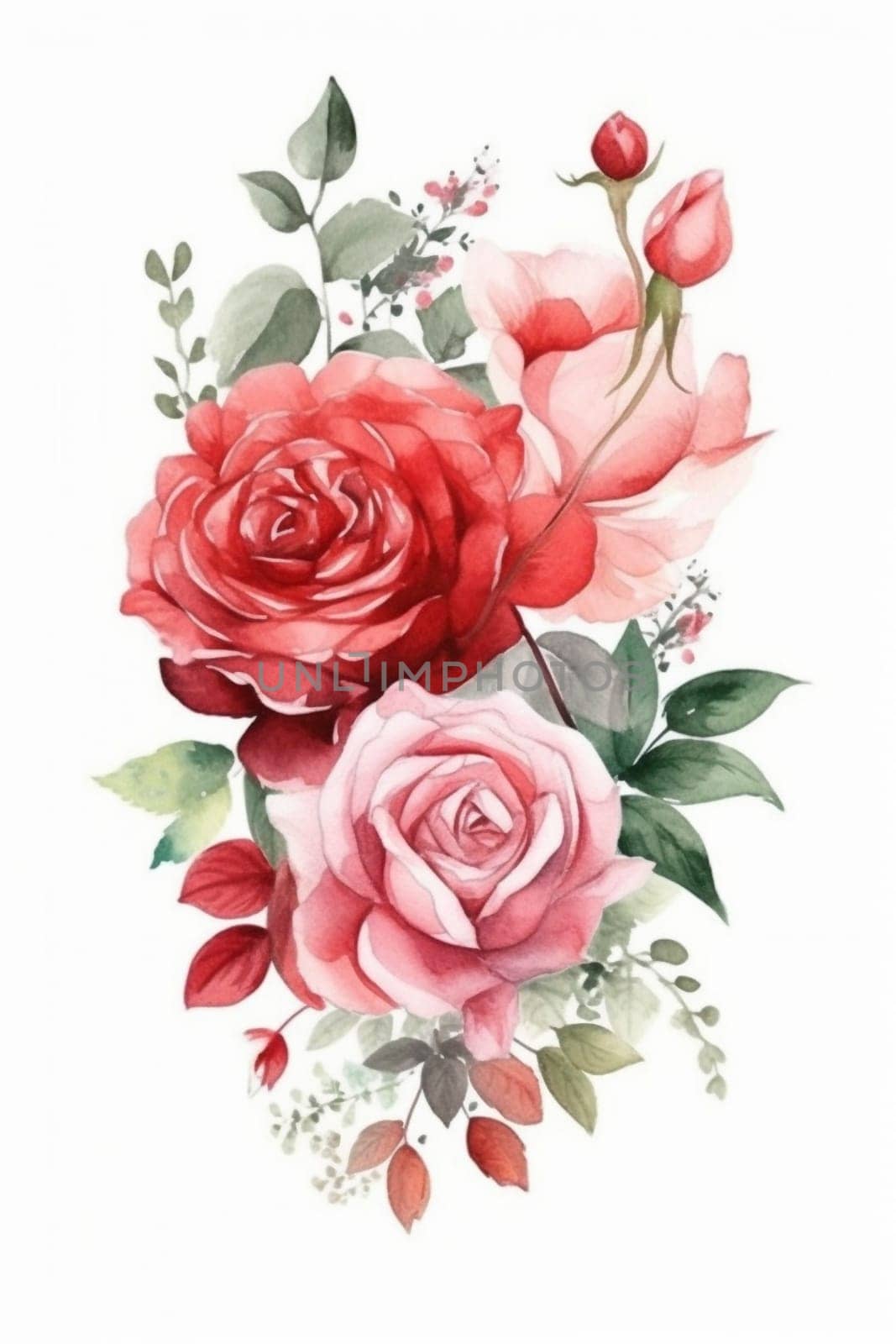 Red rose pastel watercolor painting on the white background, created with generative AI