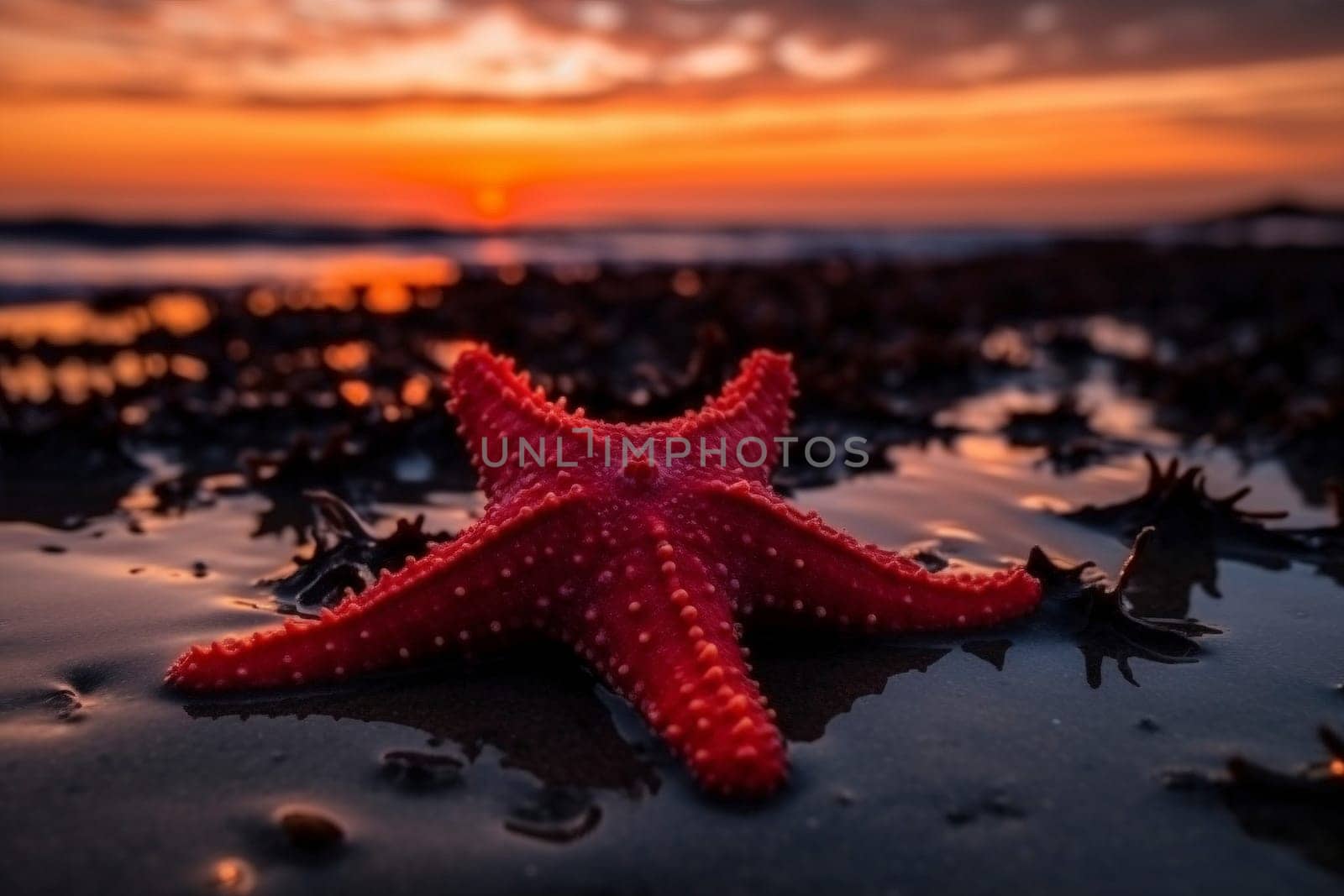 Red seastar laying on the sandy beach at sunset, created with generative AI