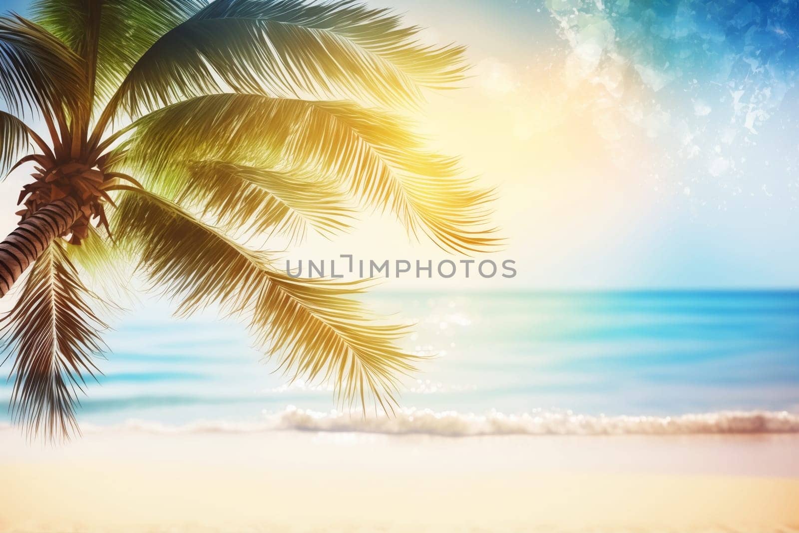 Seascape with palm on bright sunny day, created with generative AI
