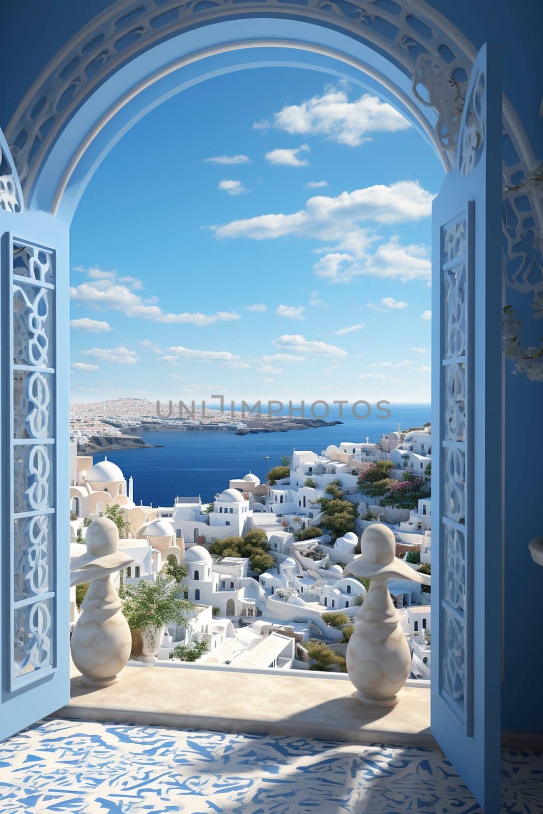 Open window with view to a beautiful Greek scenery