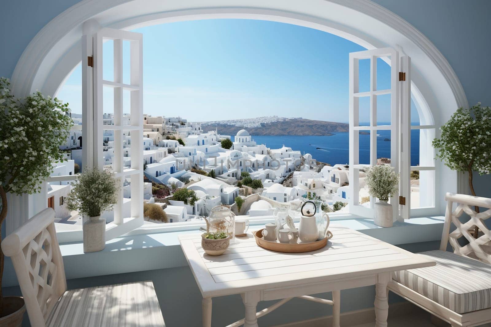 Open window with view to a beautiful Greek scenery, created with generative AI