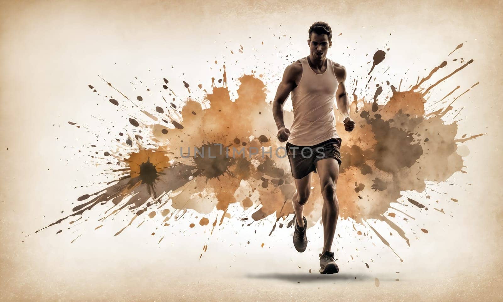 A man dressed in athletic gear runs confidently, with a dynamic abstract backdrop featuring splashes of brown and orange hues, suggesting energy and movement. Generative AI.