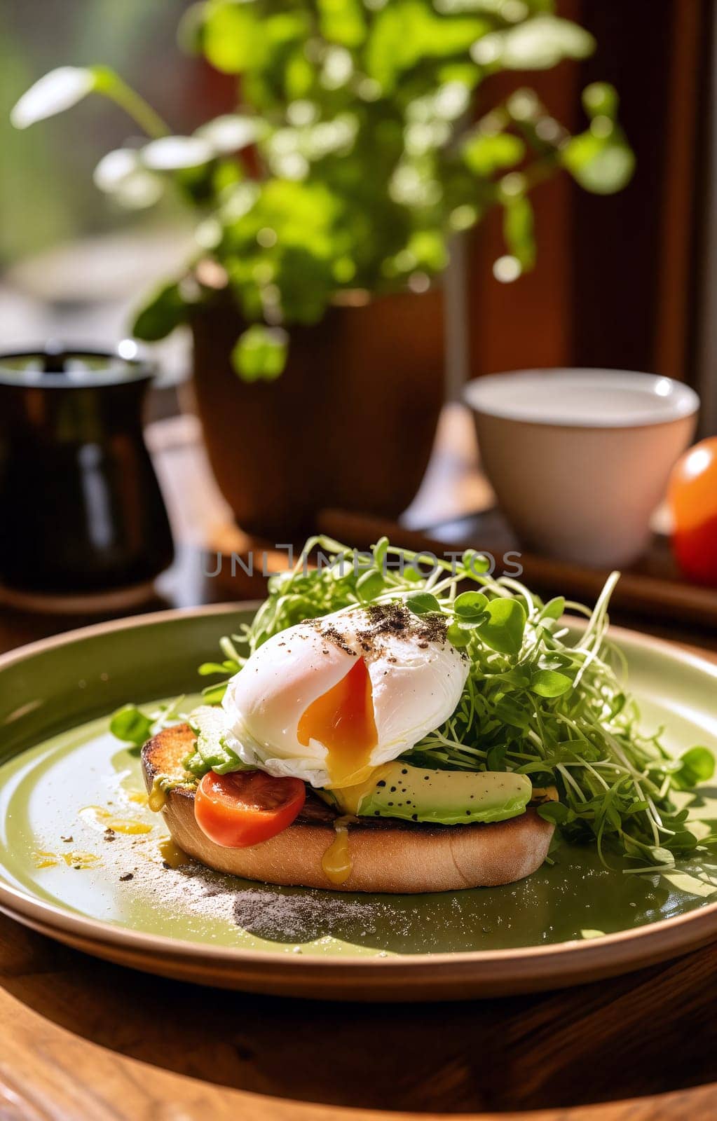 A vibrant breakfast plate showcases a perfectly poached egg atop avocado toast garnished with fresh greens and tomatoes. Generative AI.