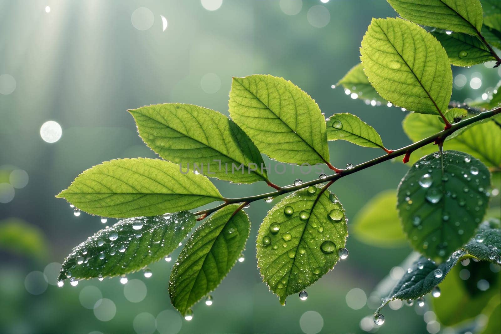 Dewdrops collect on lush green leaves, reflecting sunlight in a serene forest during the early morning hours, creating a soothing atmosphere. Spring season - Generative AI.