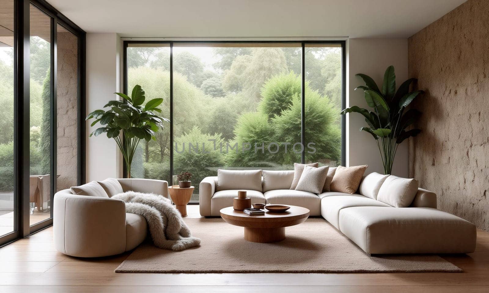 A cozy living room features a spacious sectional sofa, wooden coffee table, and lush indoor plants, bathed in natural light from large windows - Generative AI
