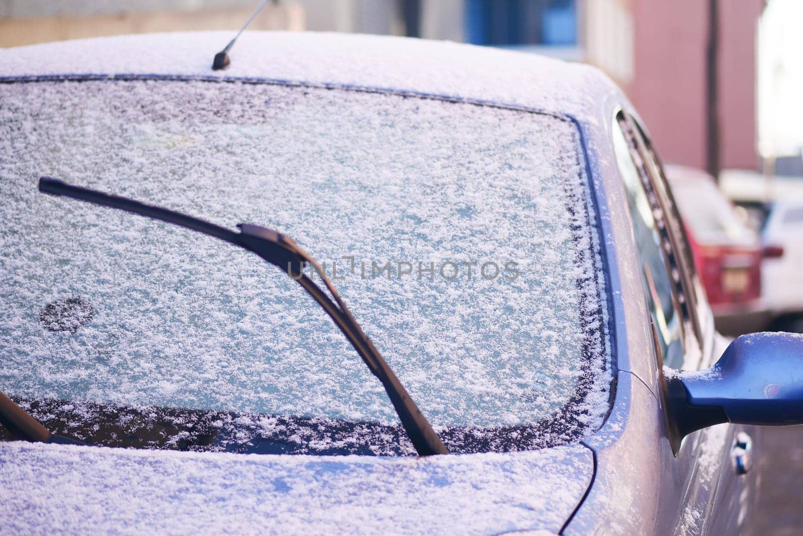 Fresh snow blankets parked cars in an urban area during winter.