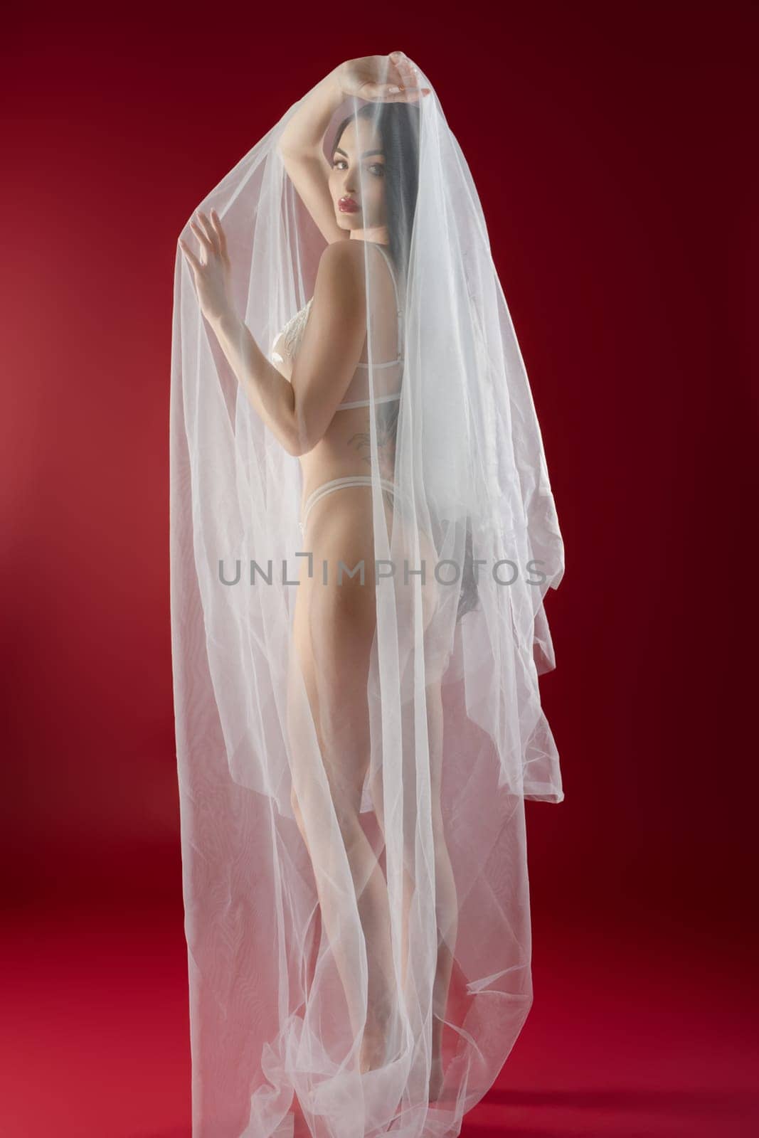 A stunning woman poses gracefully, wearing lingerie and a flowing veil in a captivating red setting.