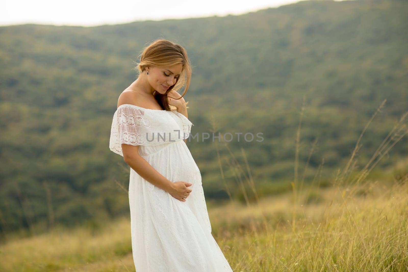Young pregnant woman relaxing outside in nature at summer day