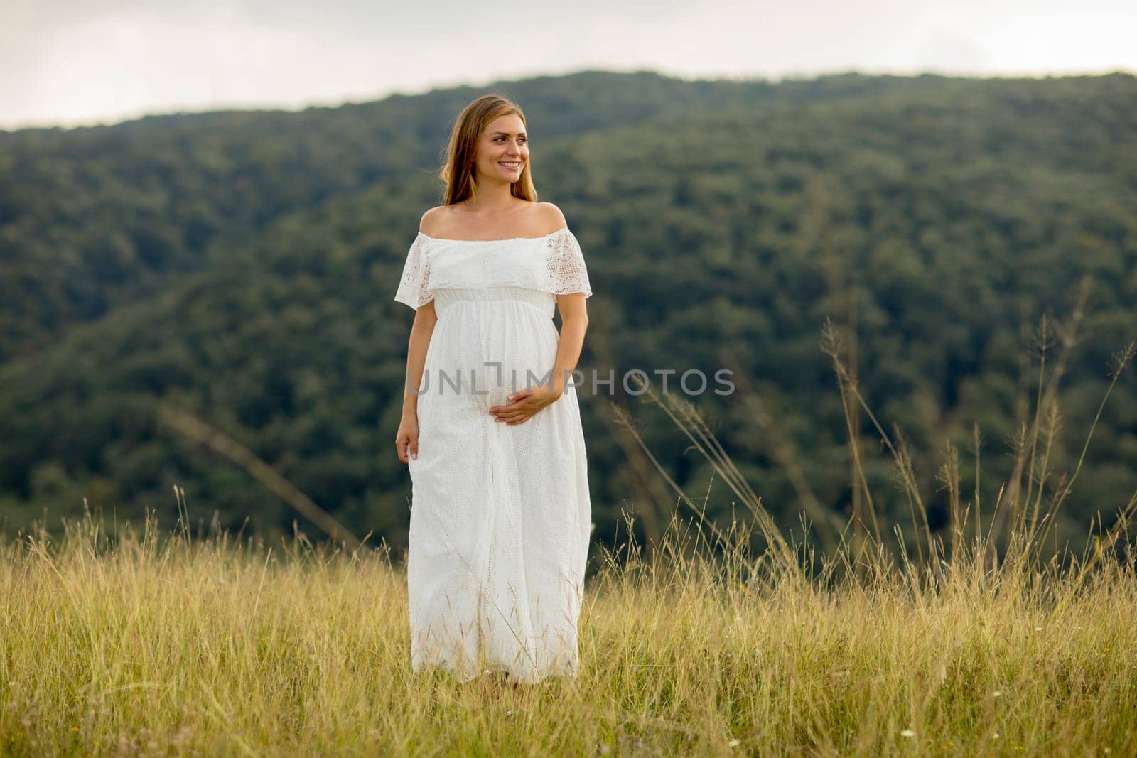 Young pregnant woman relaxing outside in nature at summer day