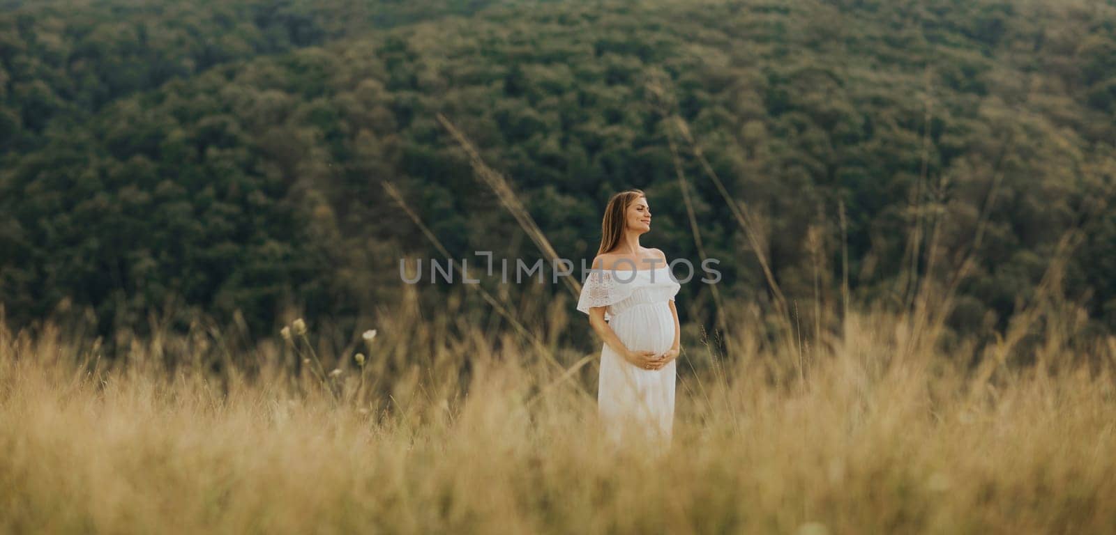 Young pregnant woman relaxing outside in nature at summer day
