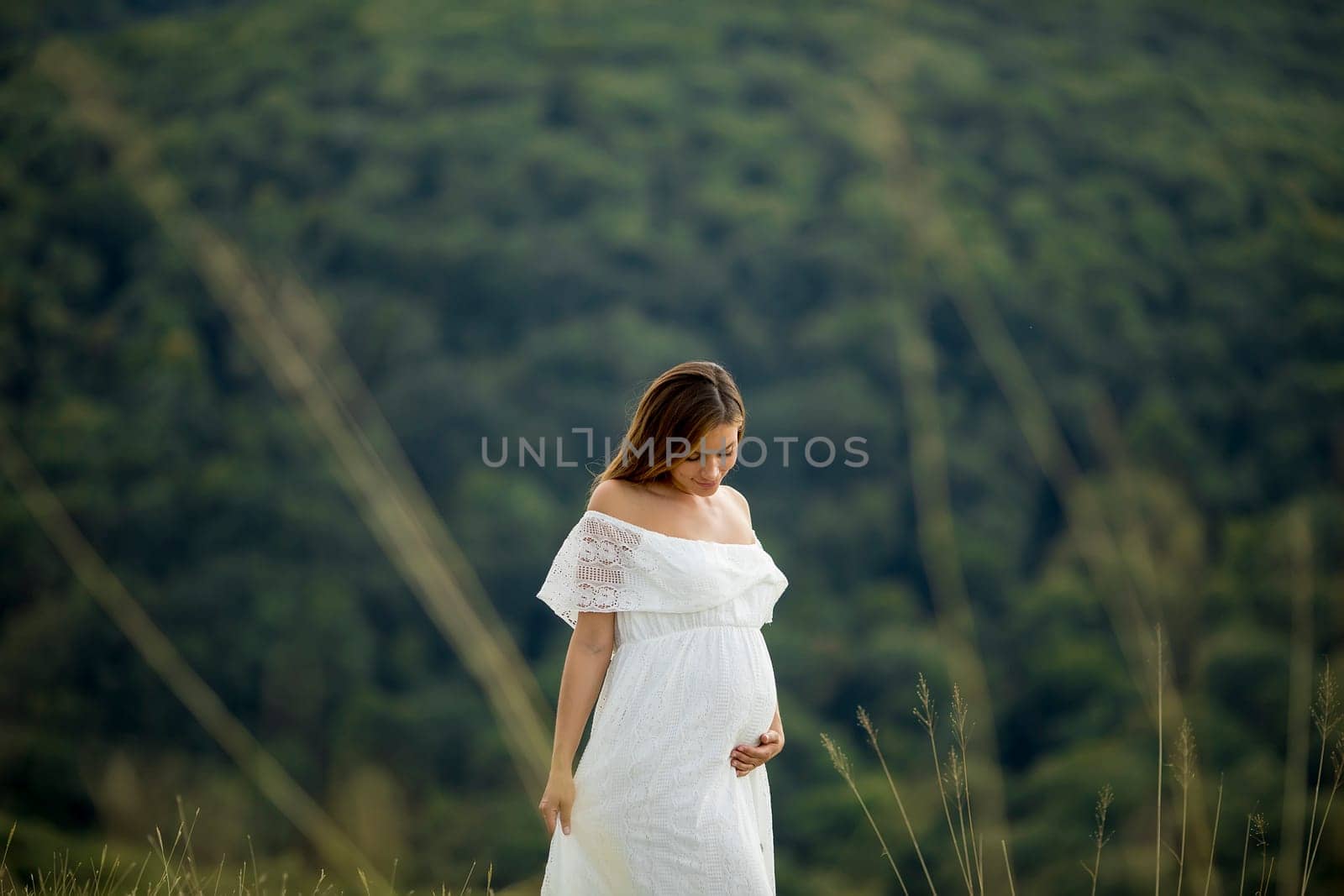 Young pregnant woman relaxing outside in nature at summer day