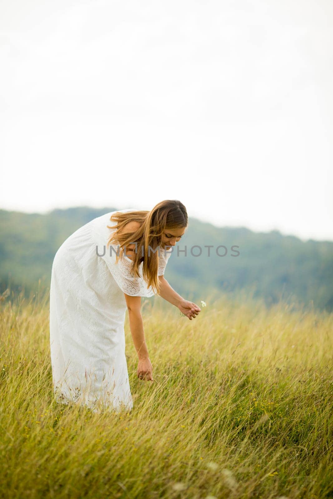 Young pregnant woman relaxing outside in nature at summer day