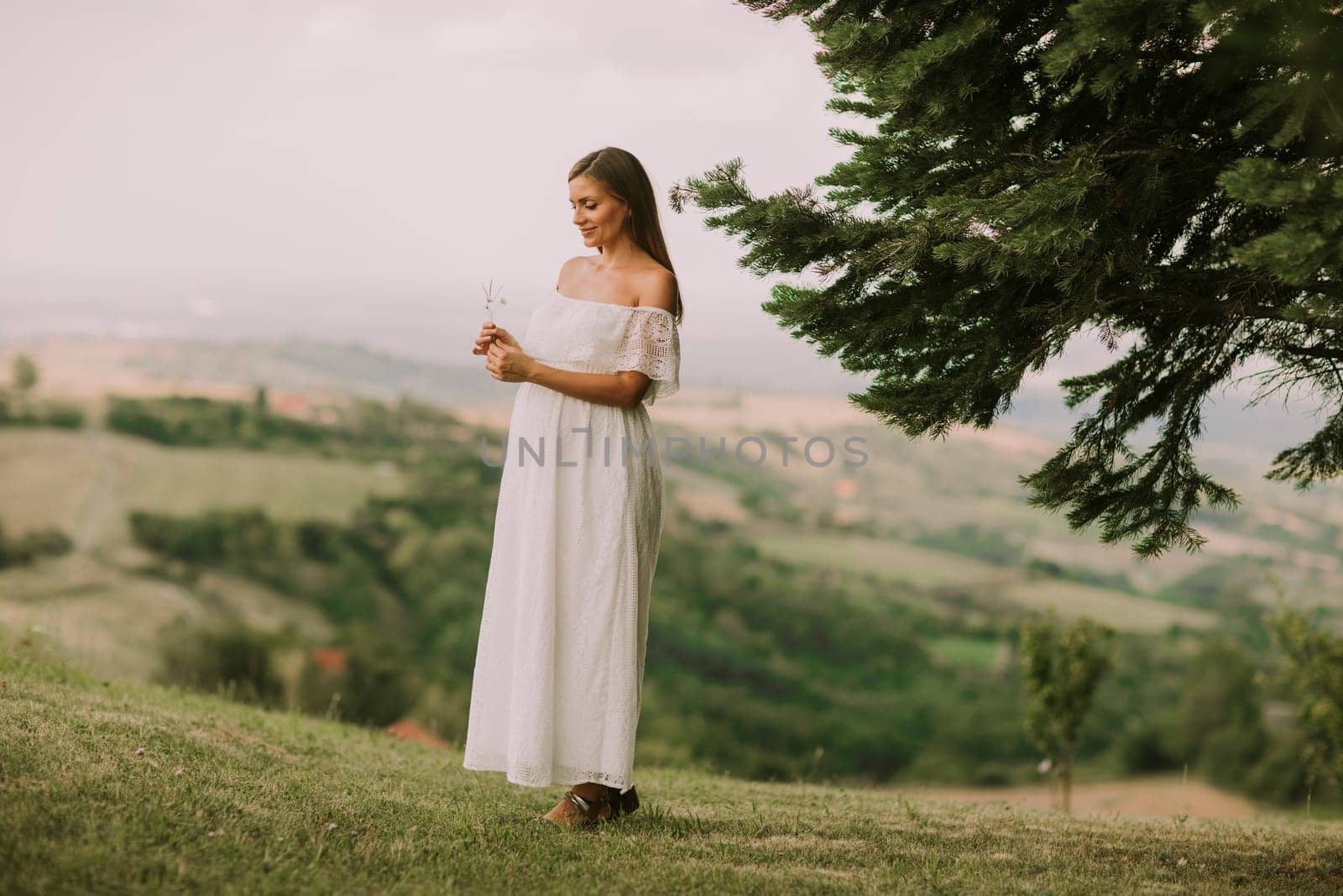 Young pregnant woman relaxing outside in nature at summer day