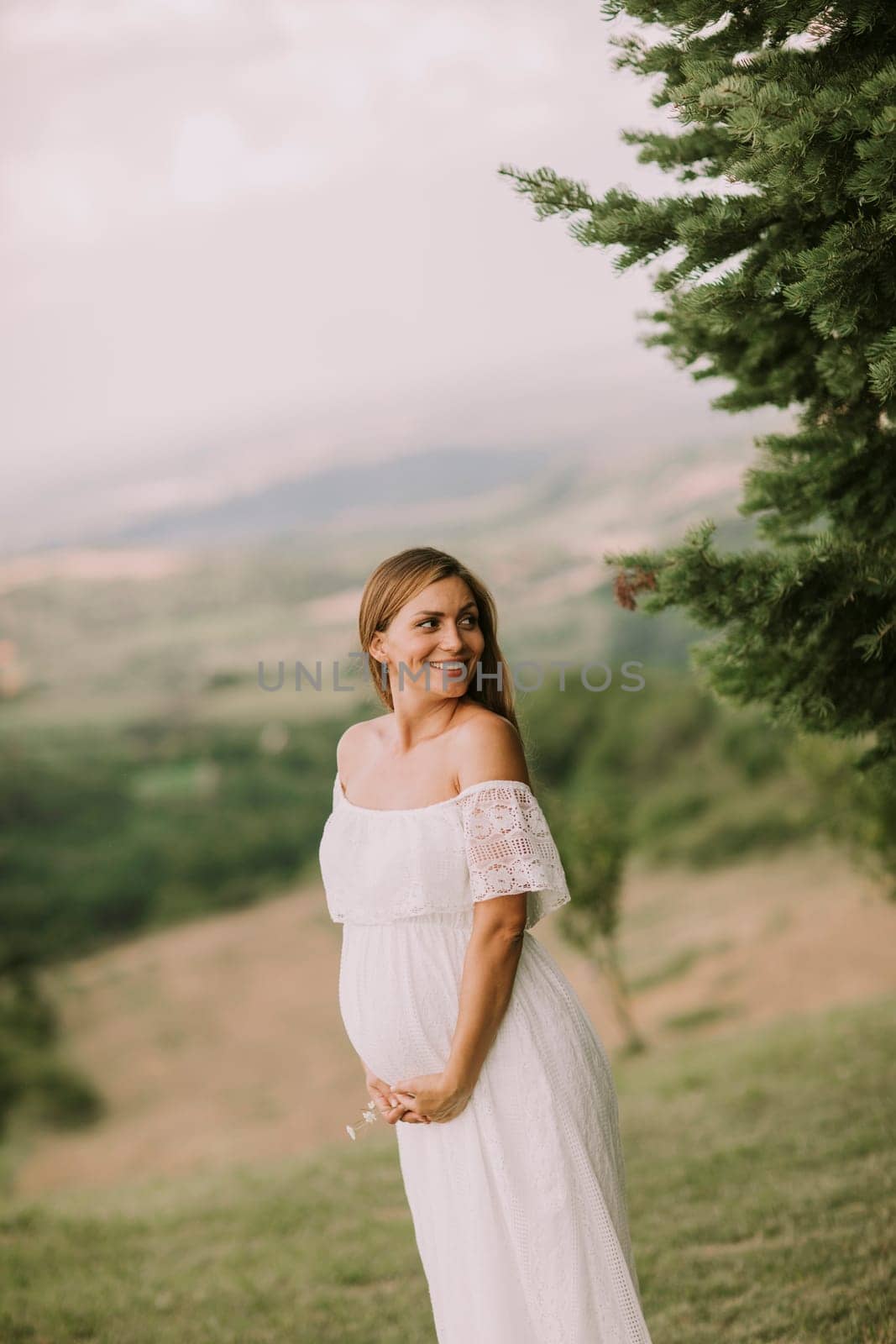 Young pregnant woman relaxing outside in nature at summer day