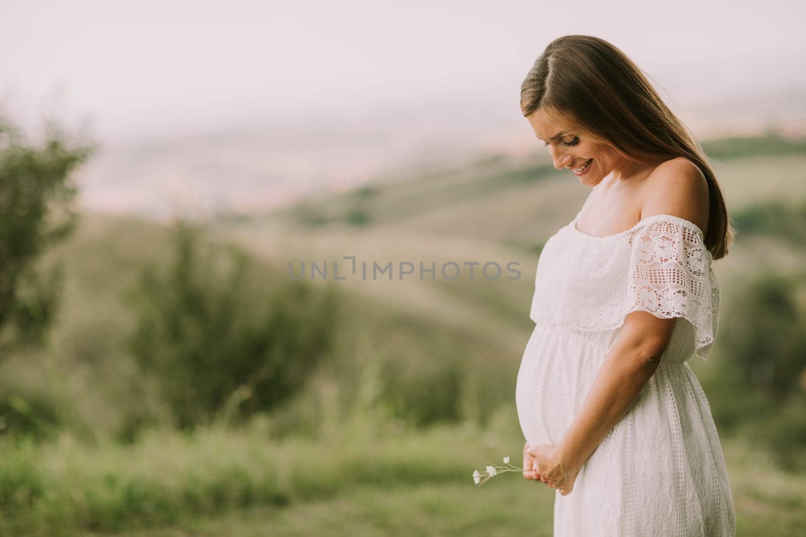 Young pregnant woman relaxing outside in nature at summer day