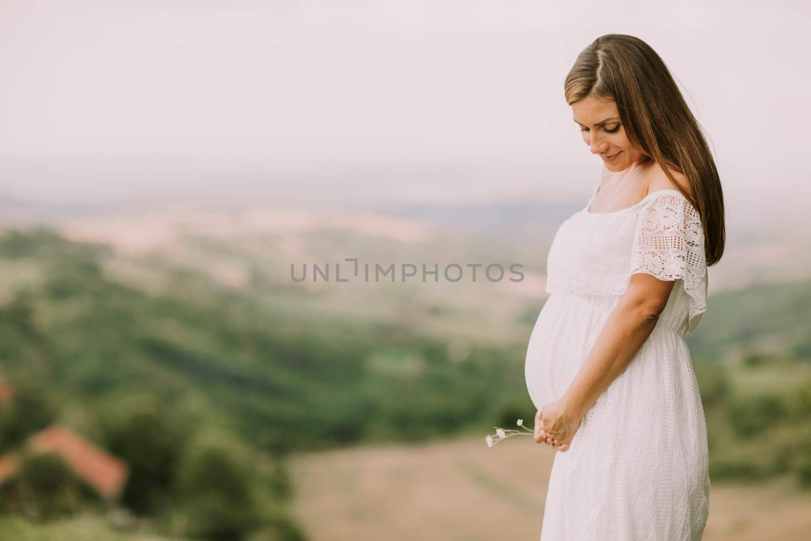 Young pregnant woman relaxing outside in nature at summer day