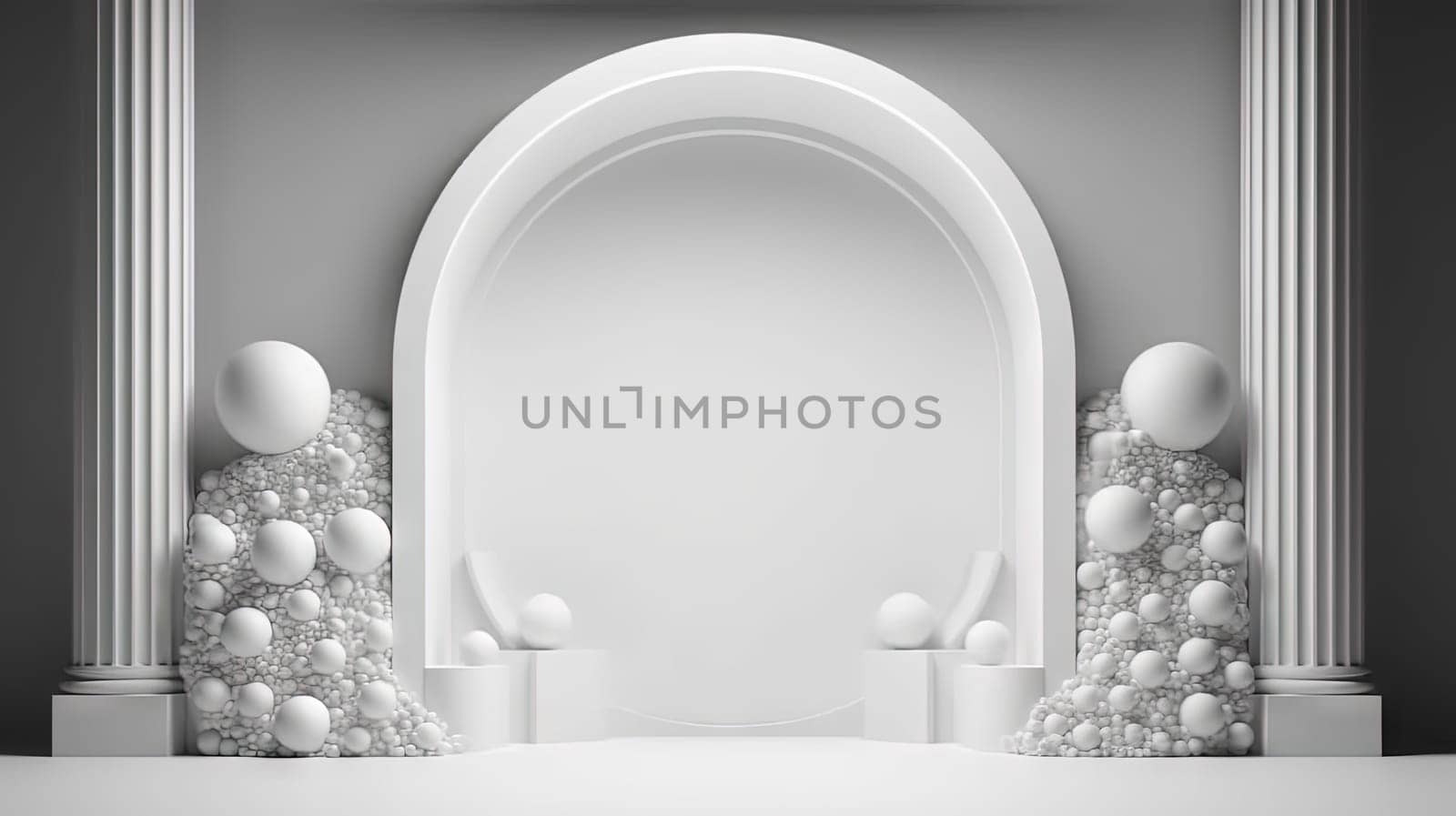 Minimalist white architectural scene with arches, spheres, and clean lines, embodying a modern and stylish aesthetic. Generated AI