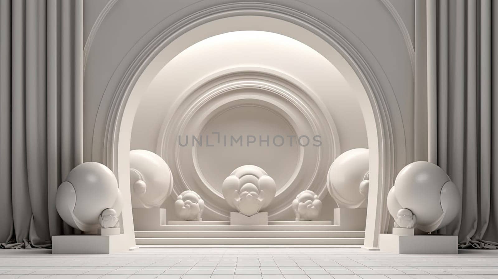 Minimalist white architectural scene with arches, spheres, and clean lines, embodying a modern and stylish aesthetic. Generated AI