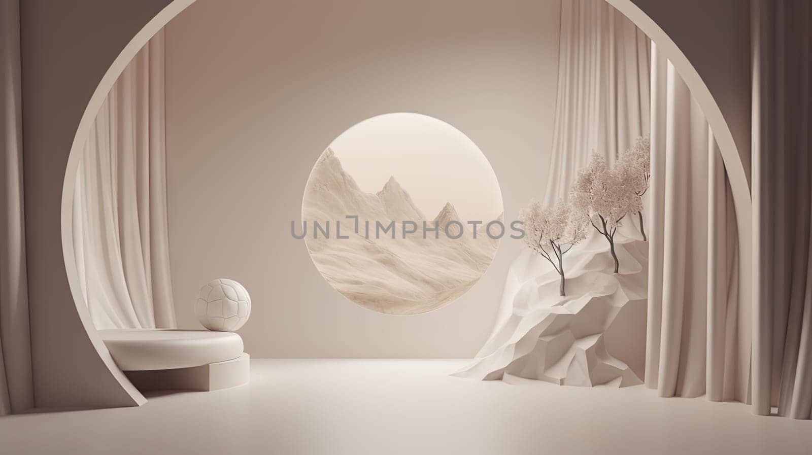 Interior with circular architecture form in 3D style. Abstract room with arc element and trees. Generated AI