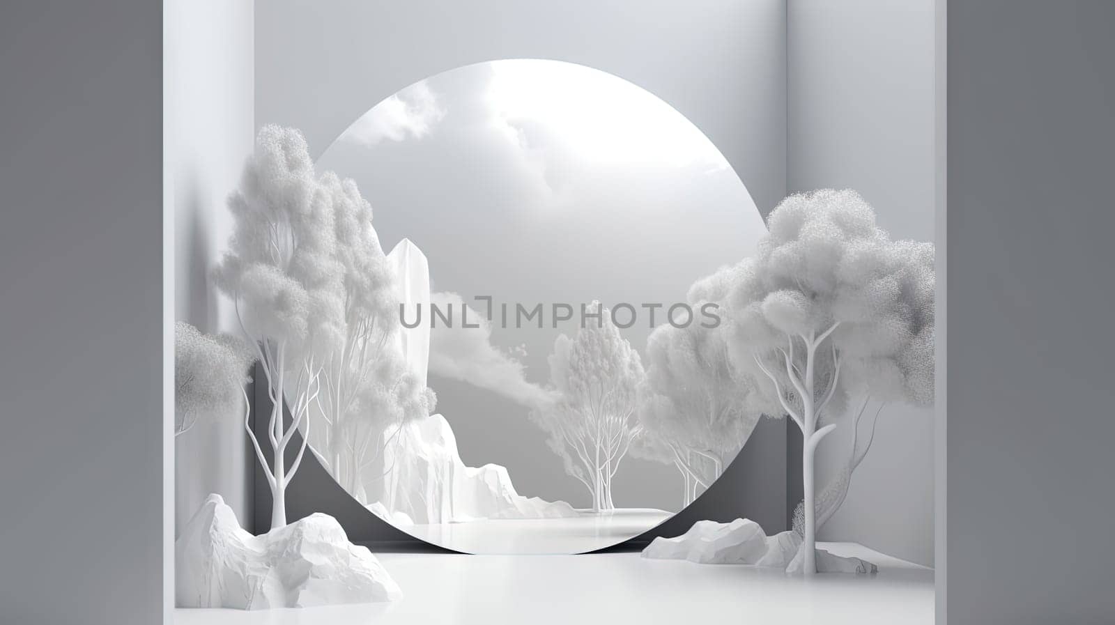 Interior with circular architecture form in 3D style. Abstract room with arc element and trees. Generated AI