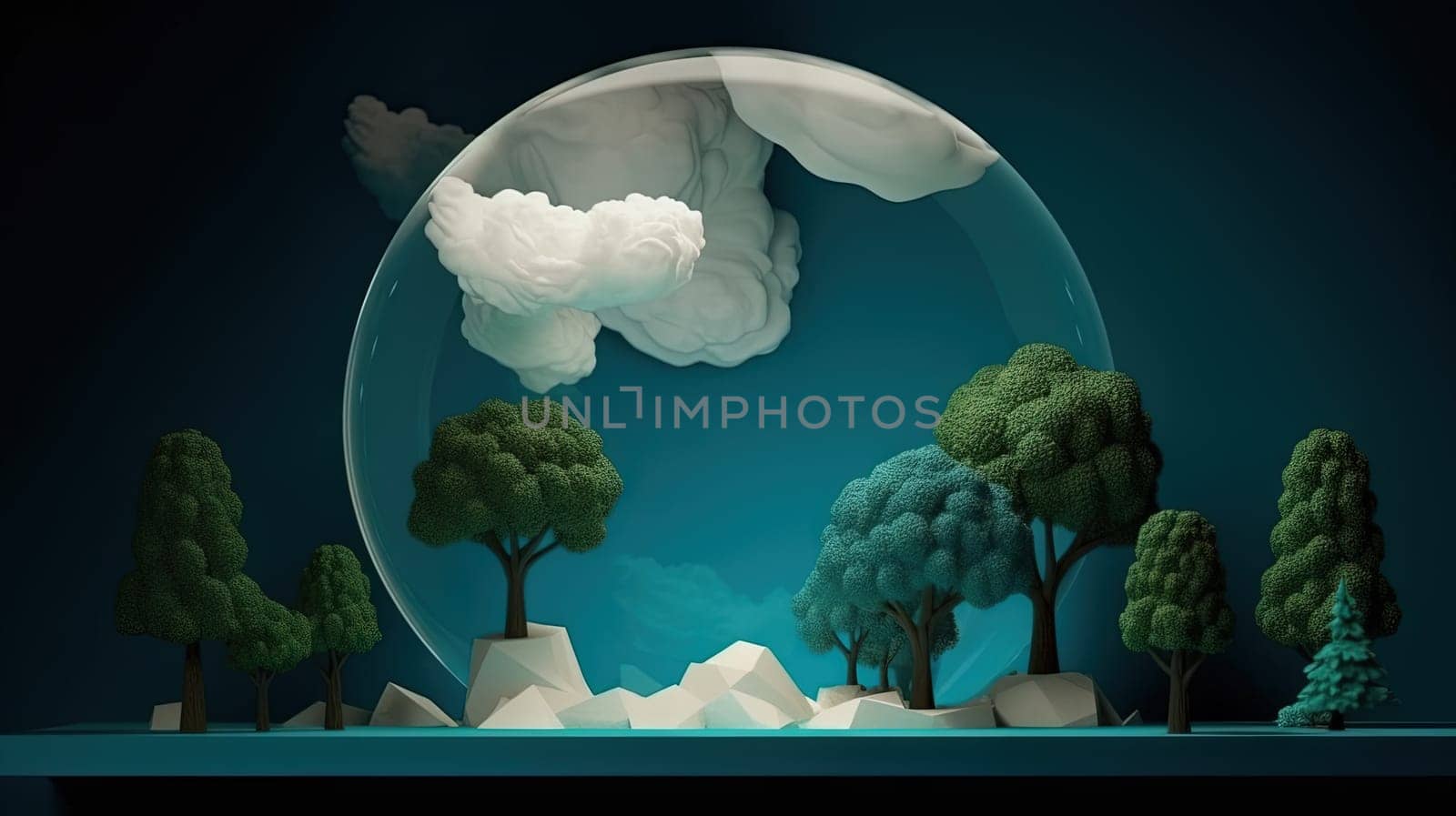 Interior with circular architecture form in 3D style. Abstract room with arc element and trees. Generated AI