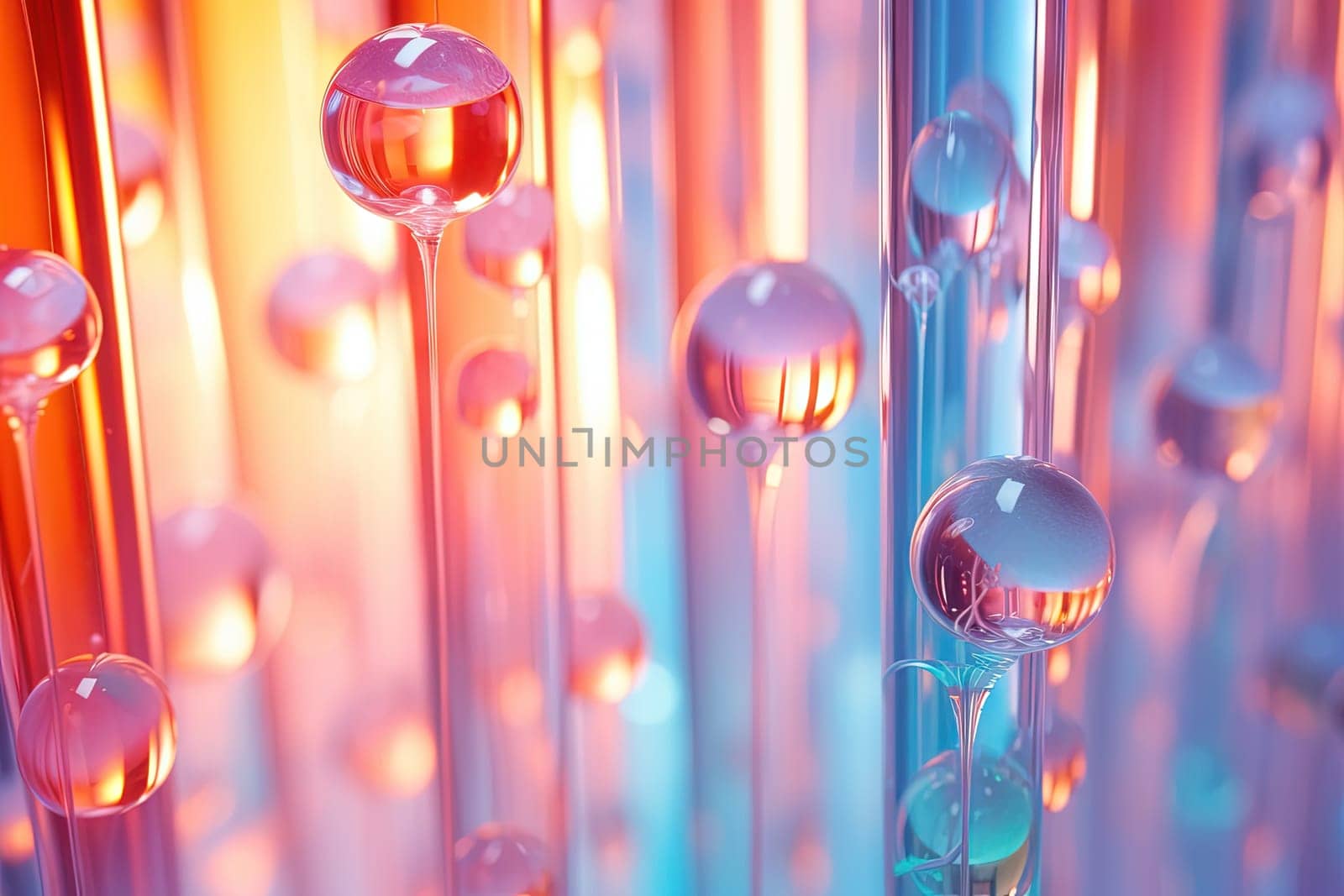 Pink holographic bubbles floating on the soft colorful abstract background in beautiful vivid tones. Generated AI