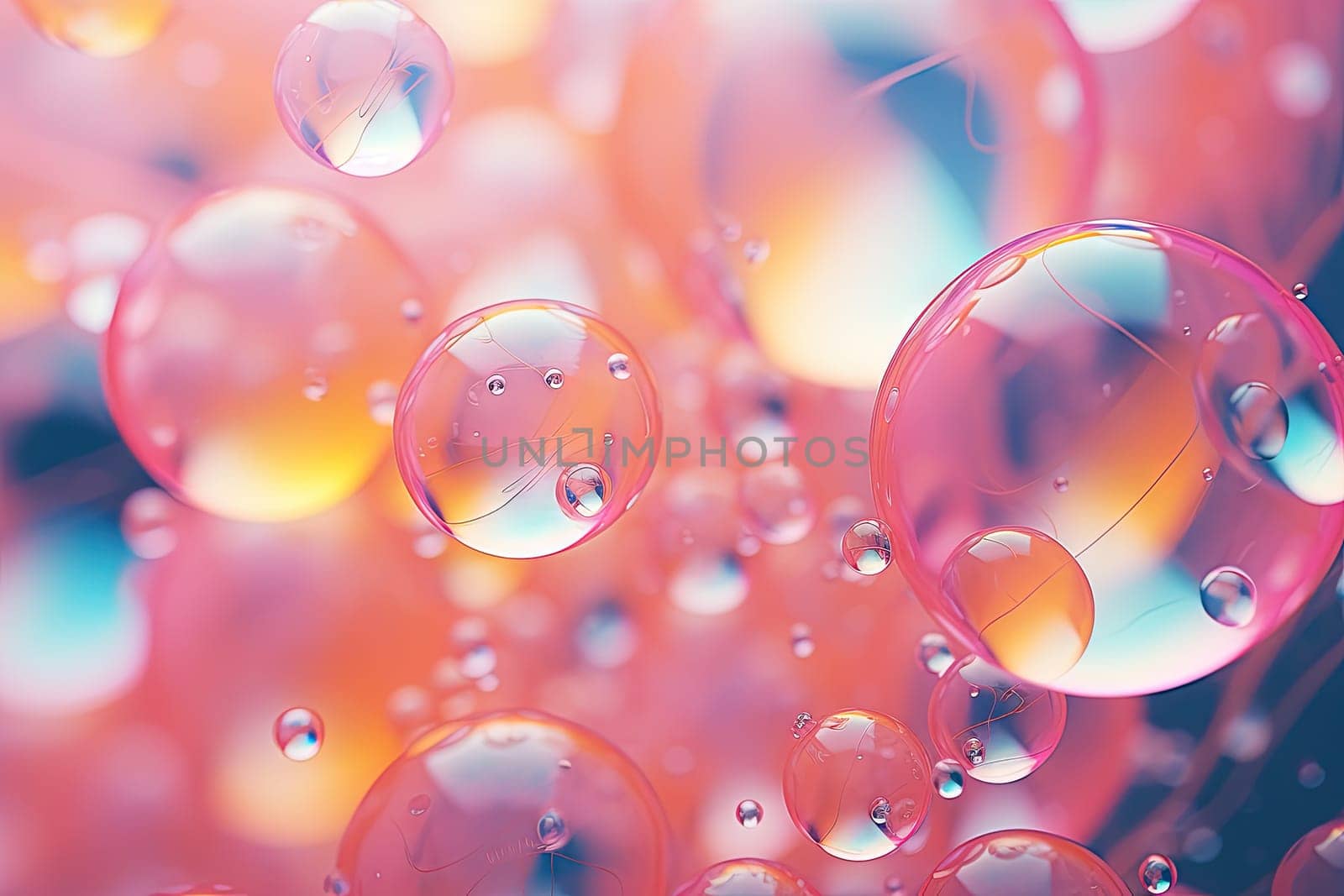 Pink holographic bubbles floating on the soft colorful abstract background in beautiful vivid tones. Generated AI