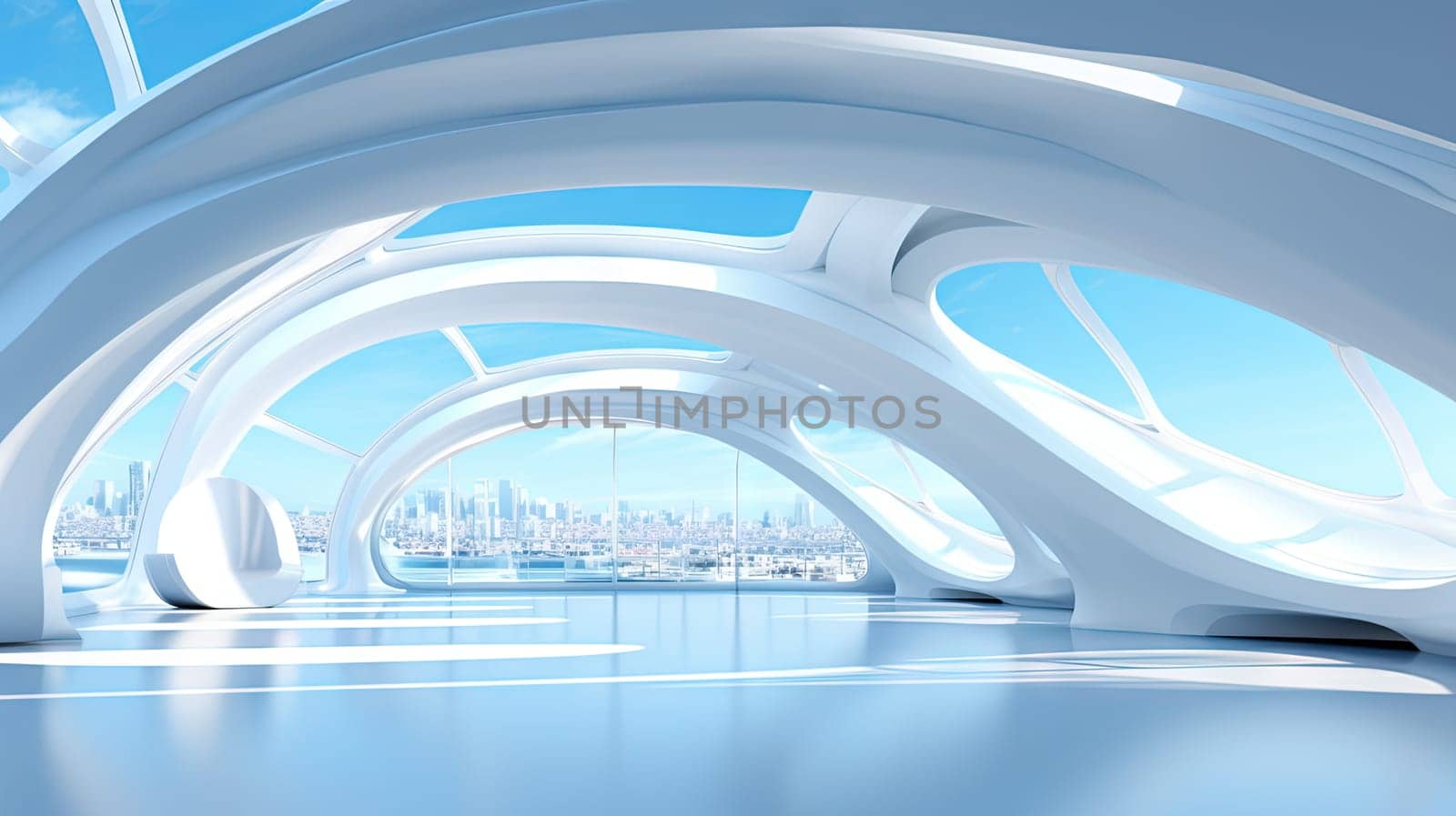 Abstract architecture scene with smooth curves. Abstract background with futuristic building in white and blue colors. Generated AI