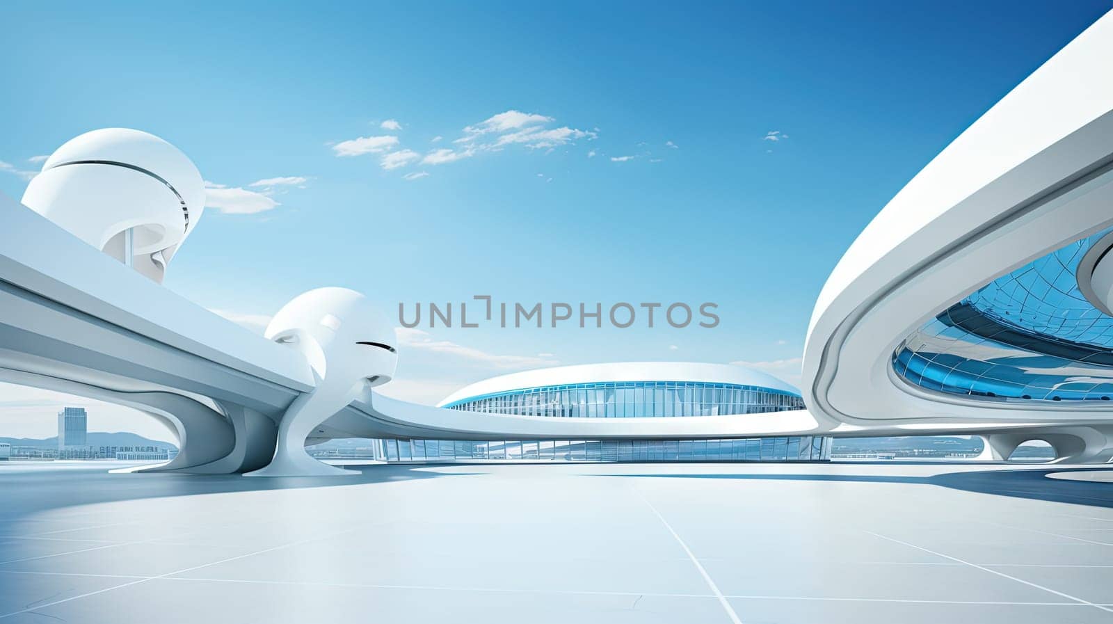 Abstract architecture scene with smooth curves. Abstract background with futuristic building in white and blue colors. Generated AI