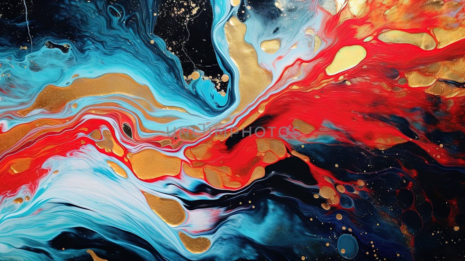 Abstract artistic background with blue and red marble with golden paint stains. Generated AI