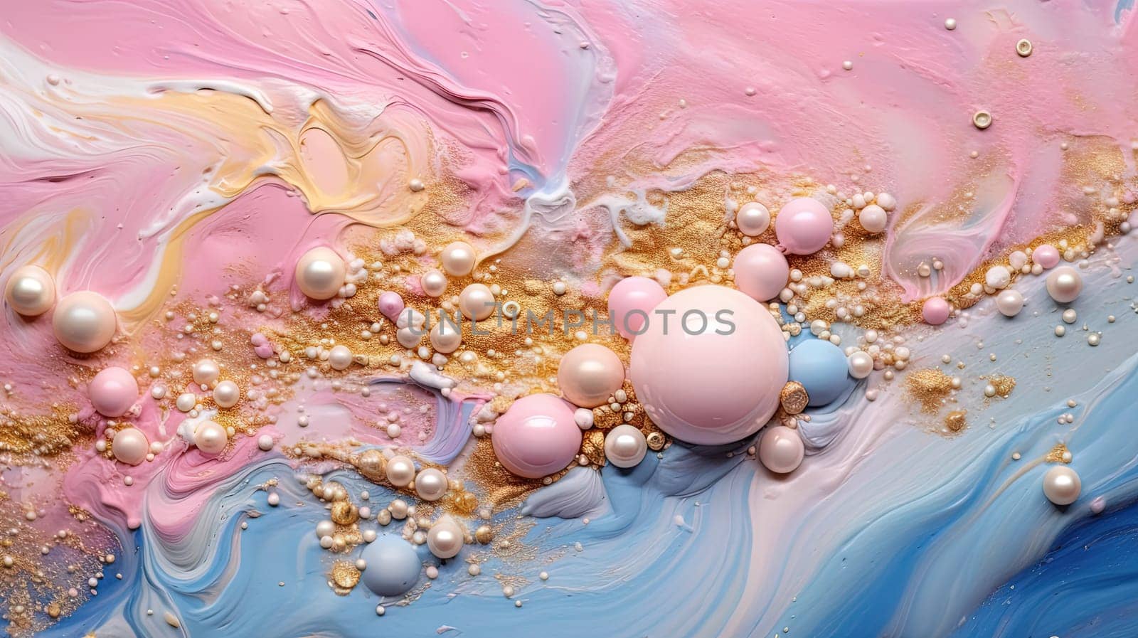 Abstract artistic background with pearlescent pink marble and holographic golden paint stains. Generated AI